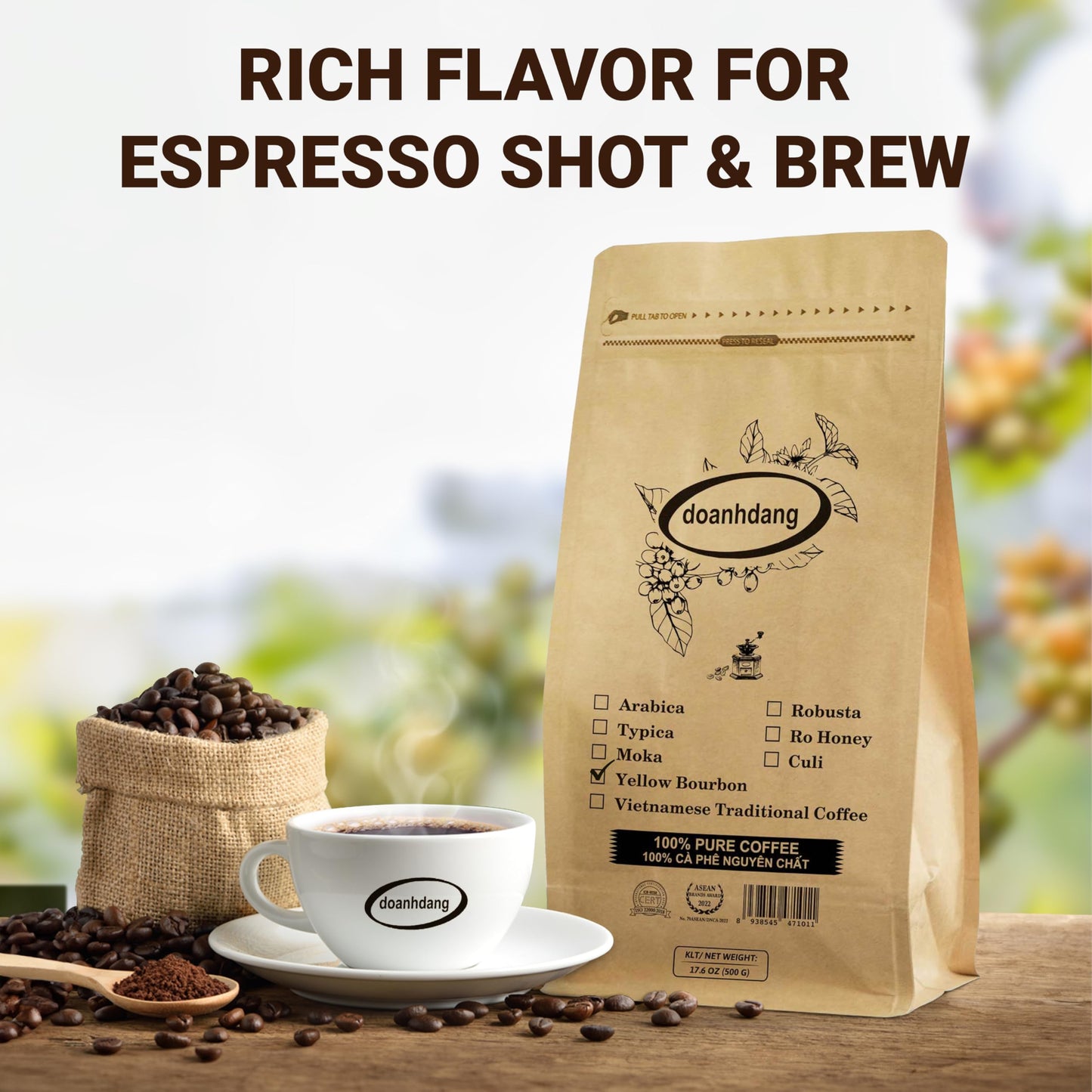 Doanhdang - 17.6 Oz Enhanced Yellow Spirit-Inspired Flavor Whole Bean Coffee, 100% Medium Roast, Rich Flavor For Espresso Shot And Brew, Origin From Vietnam, Whole Med Roast Beans