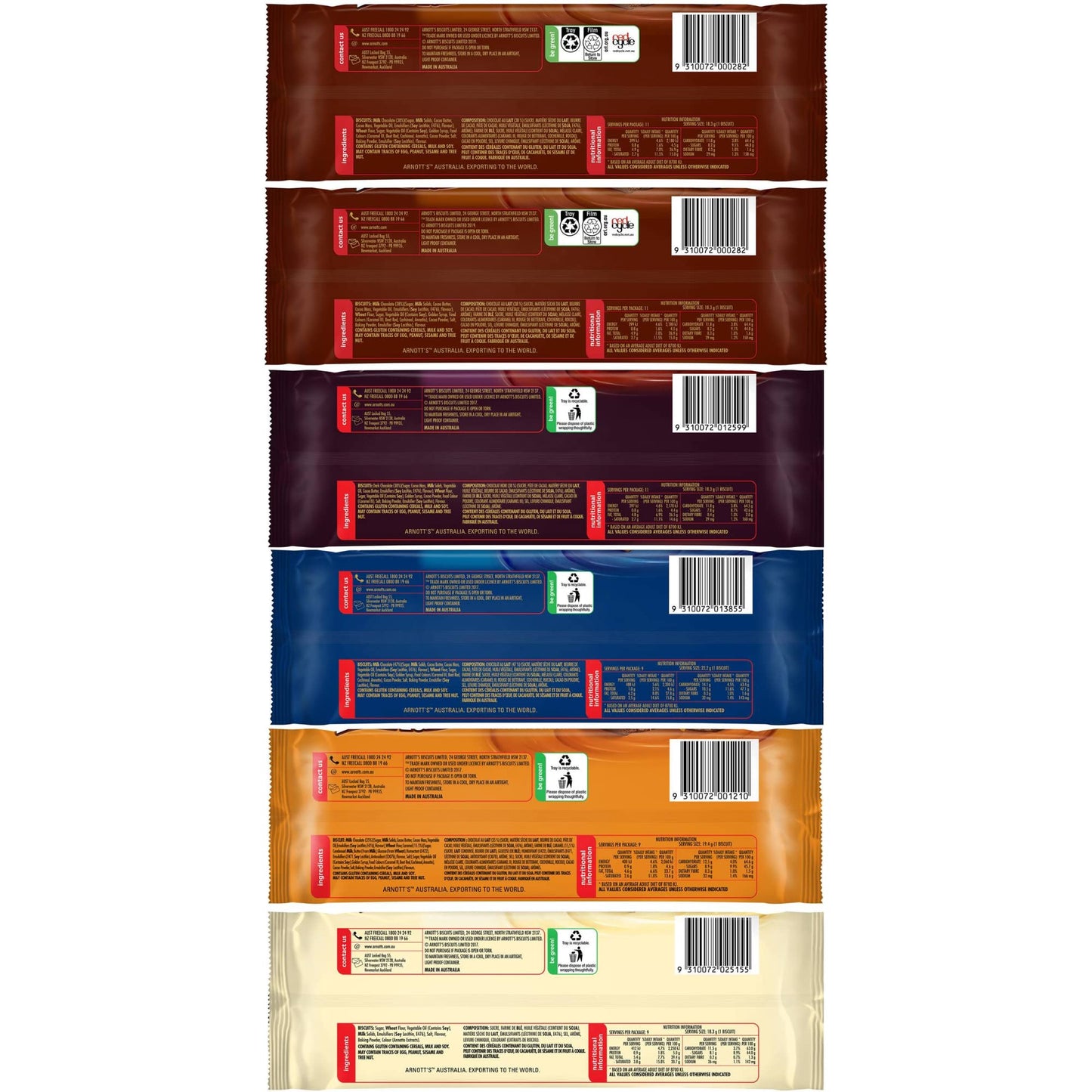 Arnotts Tim Tam Chocolate Biscuits - 6-Pack Assortment: 2 Original, 1 Dark, 1 Double Coat, 1 Chewy Caramel, 1 White - Made In Au