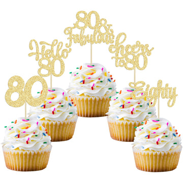Gyufise 30Pcs Happy 80Th Birthday Cake Topper, Gold, For Birthday Anniversary Party Decorations