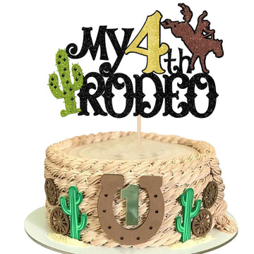 1 Pcs My 4Th Rodeo Cake Topper Brown Glitter Cactus Four Birthday Cake Pick Decoration For Western Little Cowboy Theme Baby Show