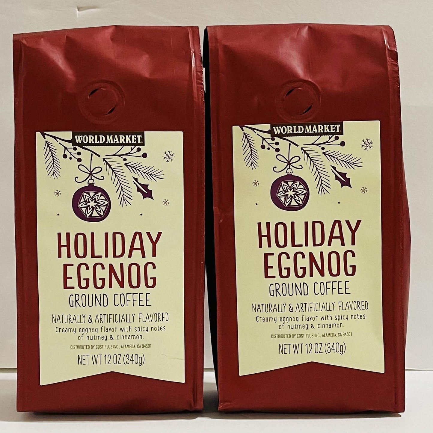 World Market Coffee Seasonal Holiday Eggnog Ground Coffee - Pack Of 2 Bags - 12 Oz Per Bag - 24 Oz Total - Bulk Limited Edition