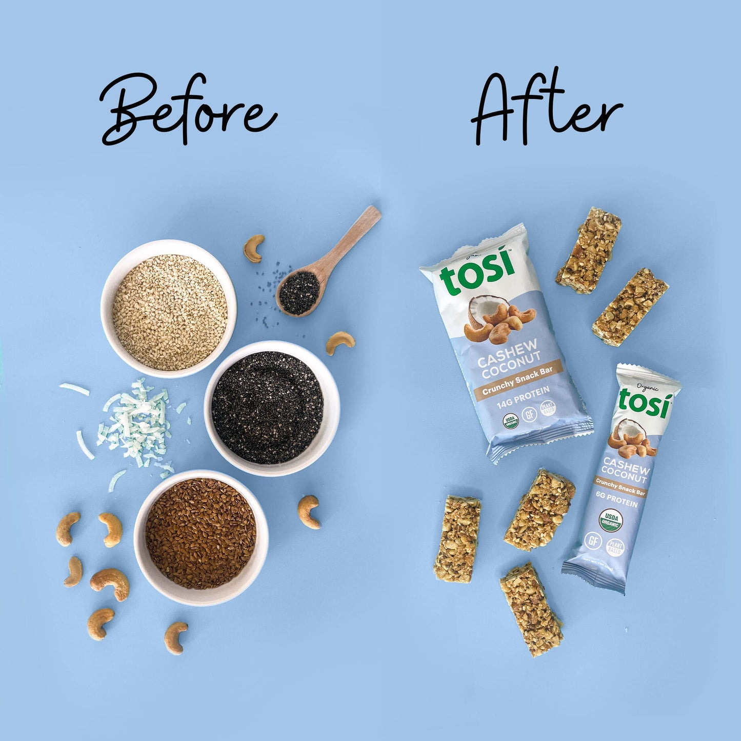 Tosi Cashew Coconut Protein Bars, Plant Based With Nuts, Gluten-Free Crunchy Snacks, Vegan, Organic, Flax & Chia Seeds, Soy-Free