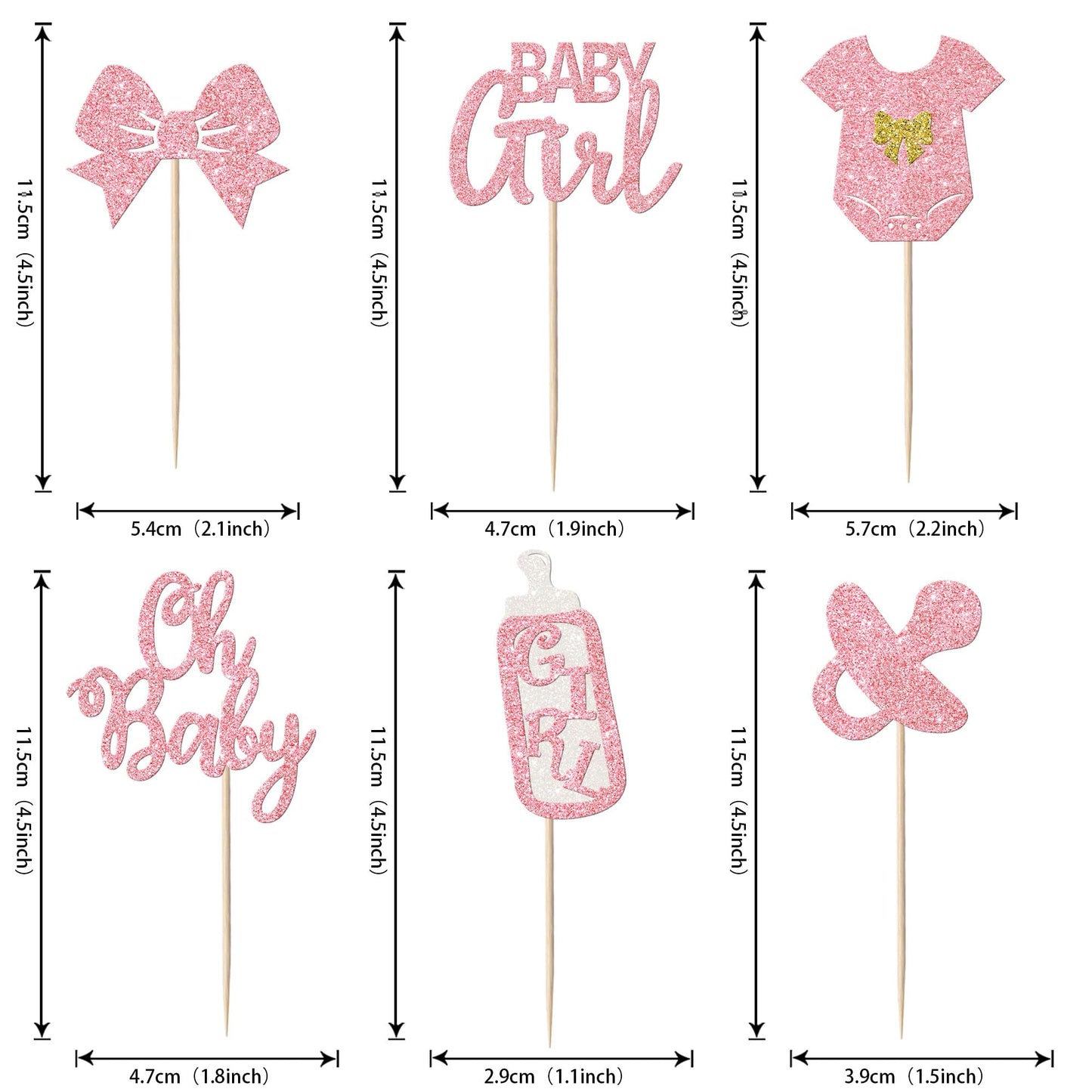 YCTHUNFISH Cupcake Toppers, 24 Pack Glitter Pacifier & Bow, Paper, 2.3x4.5 inches, Pink, Baby Shower & Birthday Party Decorations