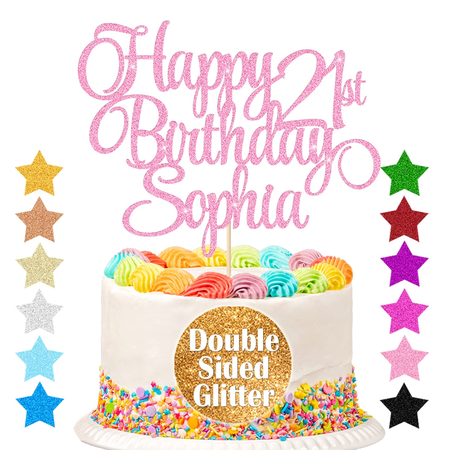 EDSG Happy Birthday Cake Topper Personalized Double-Sided Glitter Decoration Baby Pink