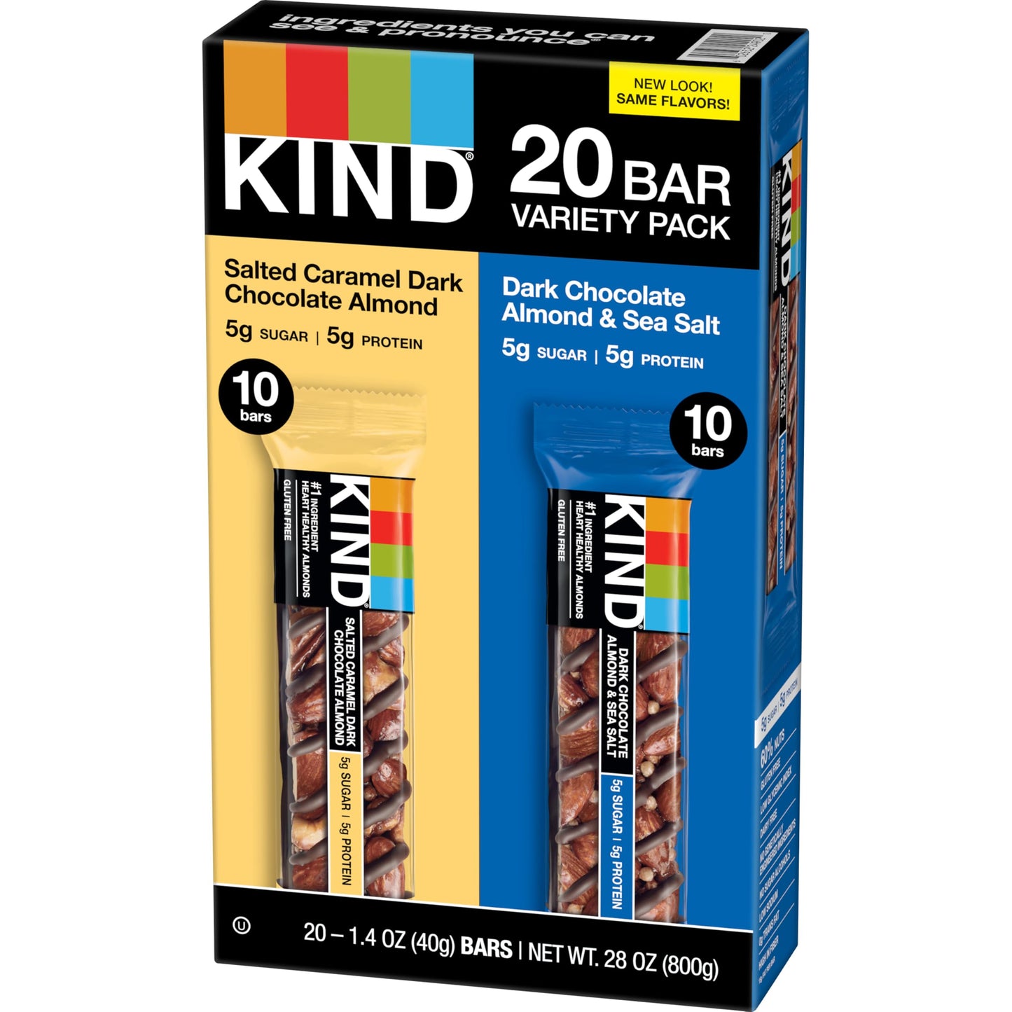 Kind Nut Bars, Variety Pack, Salted Caramel Dark Chocolate Almond, Dark Chocolate Almond & Sea Salt, Healthy Snacks, Good Source Of Fiber, Gluten Free, Low Sugar, 5G Protein, 20 Count