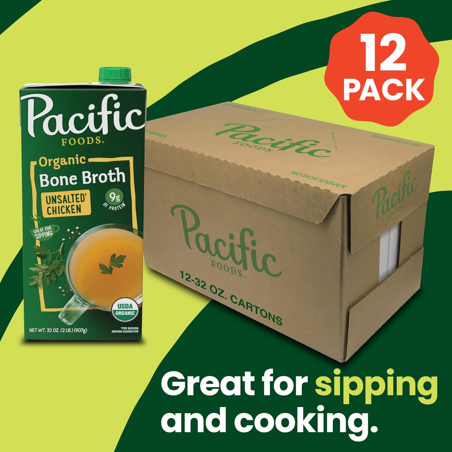 Pacific Foods Organic Chicken Bone Broth, Unsalted, 32 oz Carton, Pack of 12