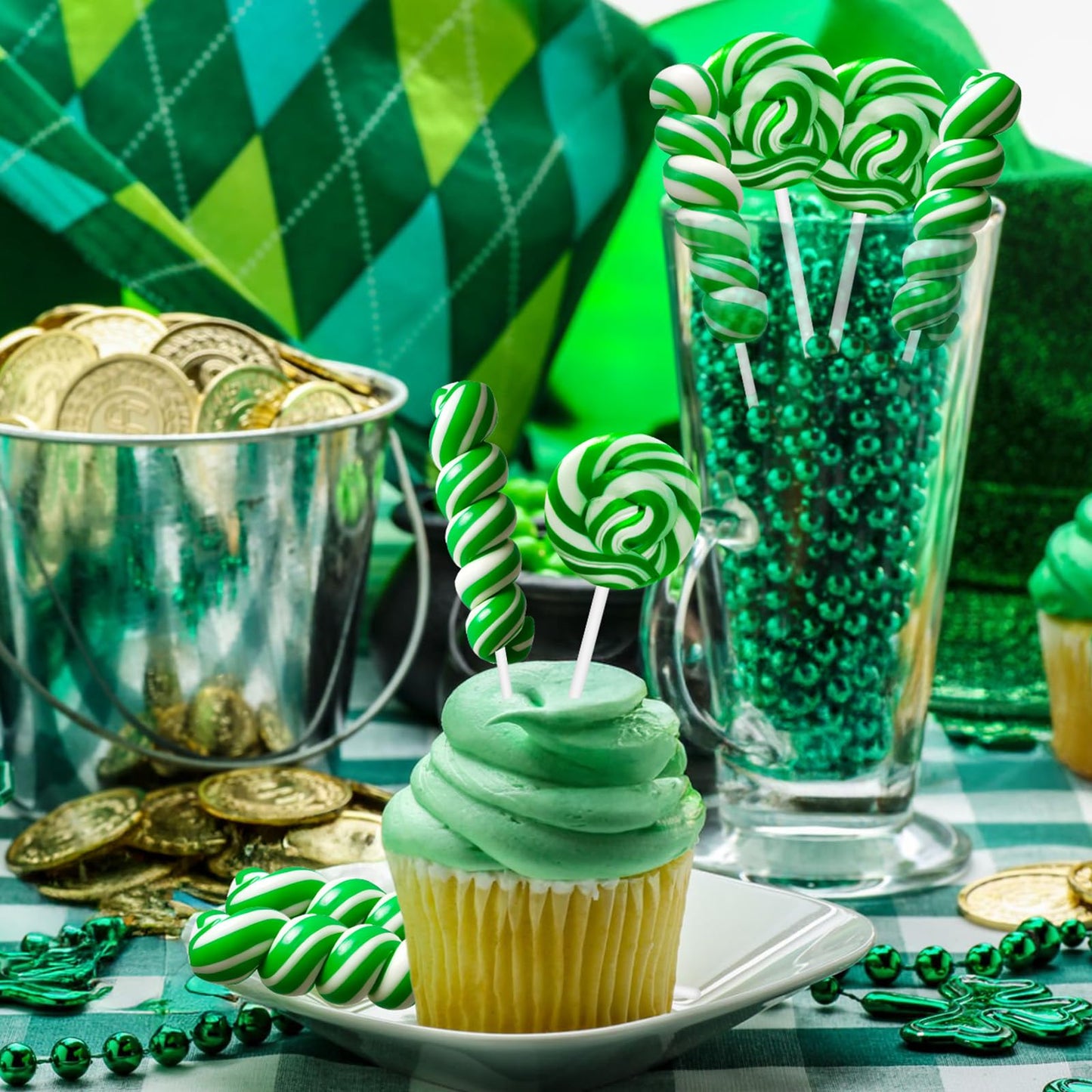 EORA 32 Pack Twist & Swirl Lollipops Green Apple Flavor Individually Wrapped Candy Bulk, St. Patricks Day, Green & White