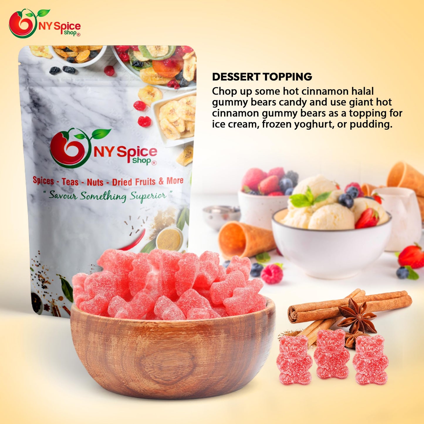 NY Spice Shop Cinnamon Bears - 8 Ounce Sweet and Spicy Cinnamon Gummy Bears - Tasty Cinnamon Bears Candy - Fruit Juice Hot Gummy