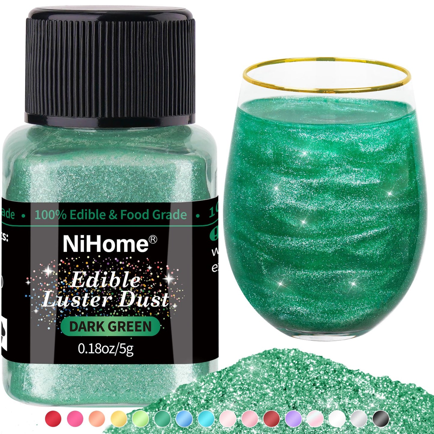 NiHome Edible Glimmer Powder - Dark Green Metallic Luster Dust for Baking and Decorating - 5g/0.18oz