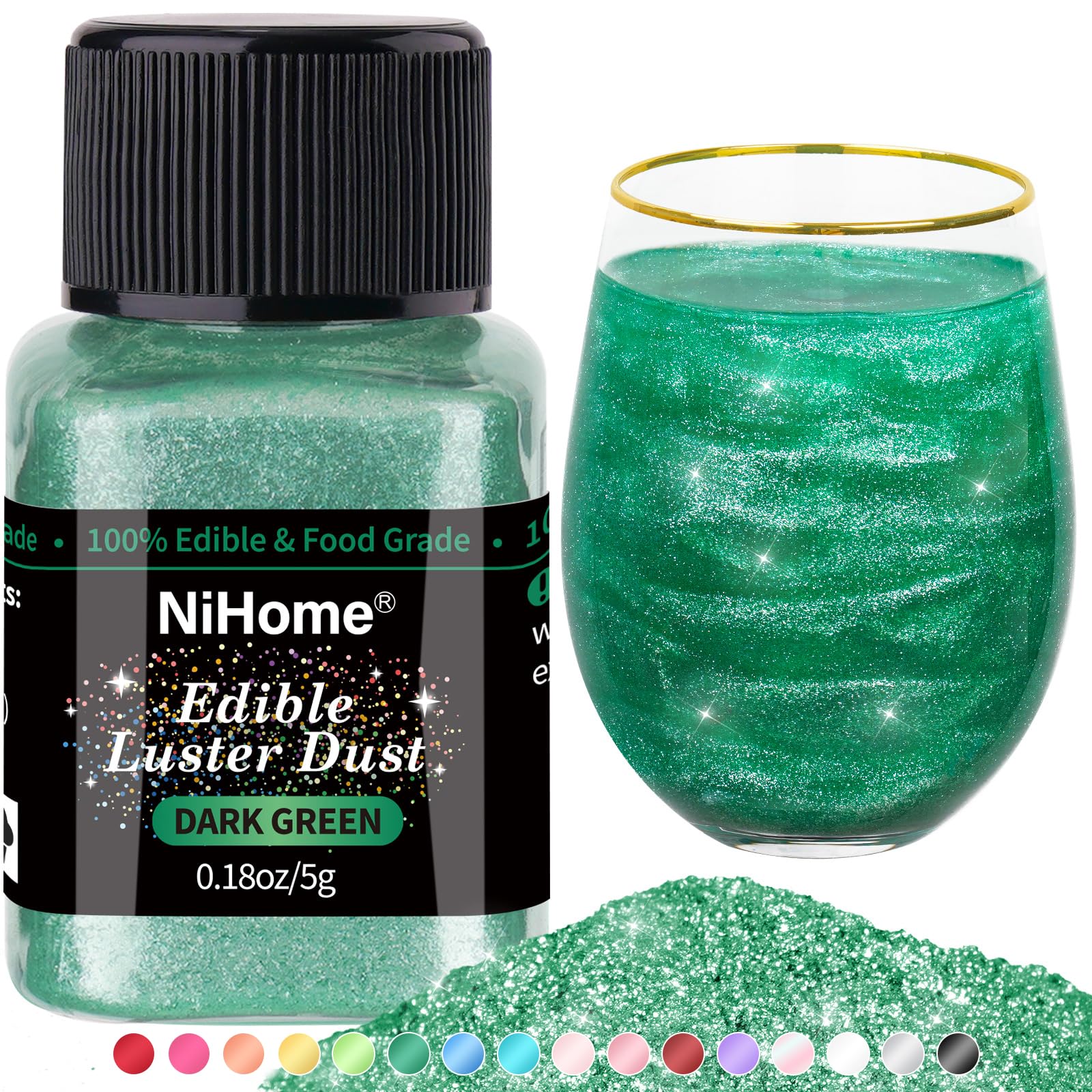 NiHome Edible Glimmer Powder - Dark Green Metallic Luster Dust for Baking and Decorating - 5g/0.18oz