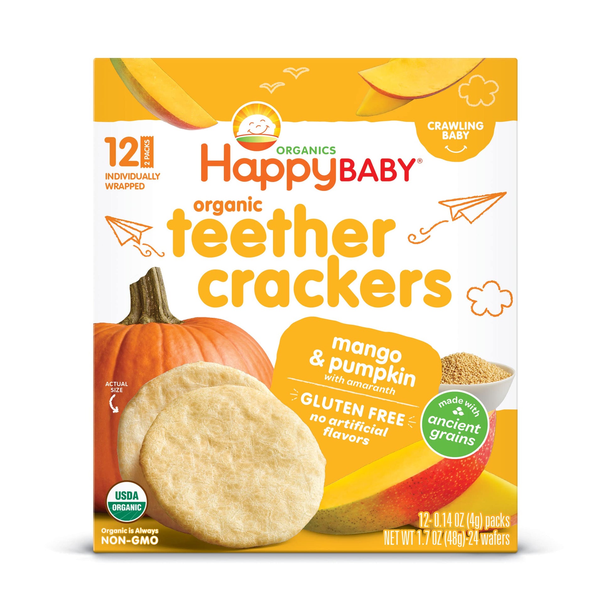 Happy Baby Organics Baby Snacks, Gentle Teething Crackers, Gluten Free & Vegan, Mango & Pumpkin, 12 Count (Pack Of 6)