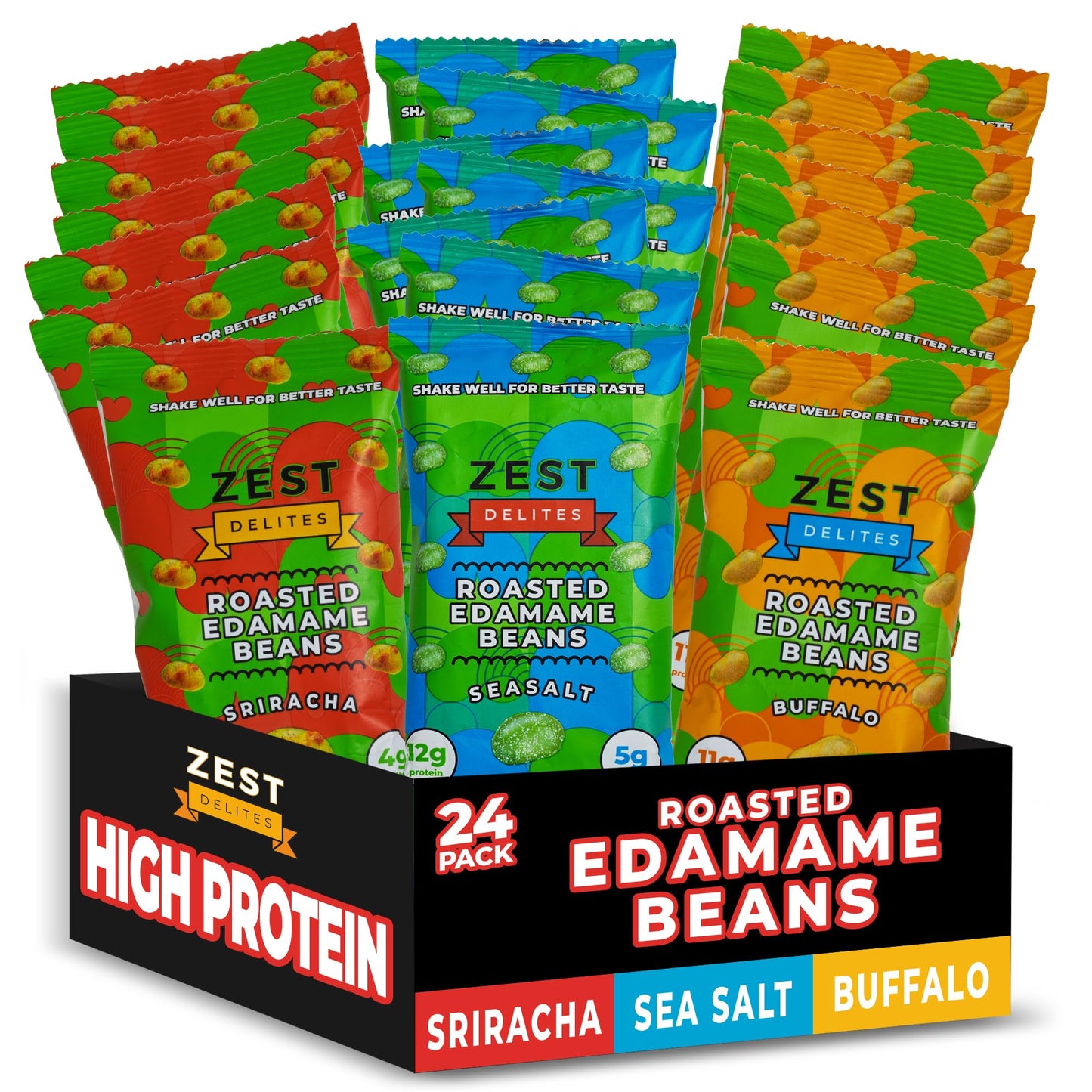 Crunchy Dry Roasted Edamame Beans Snack by Zest Delites, Sea Salt - Sriracha - Buffalo, Vegan, Low Calorie High Protein Snacks, 