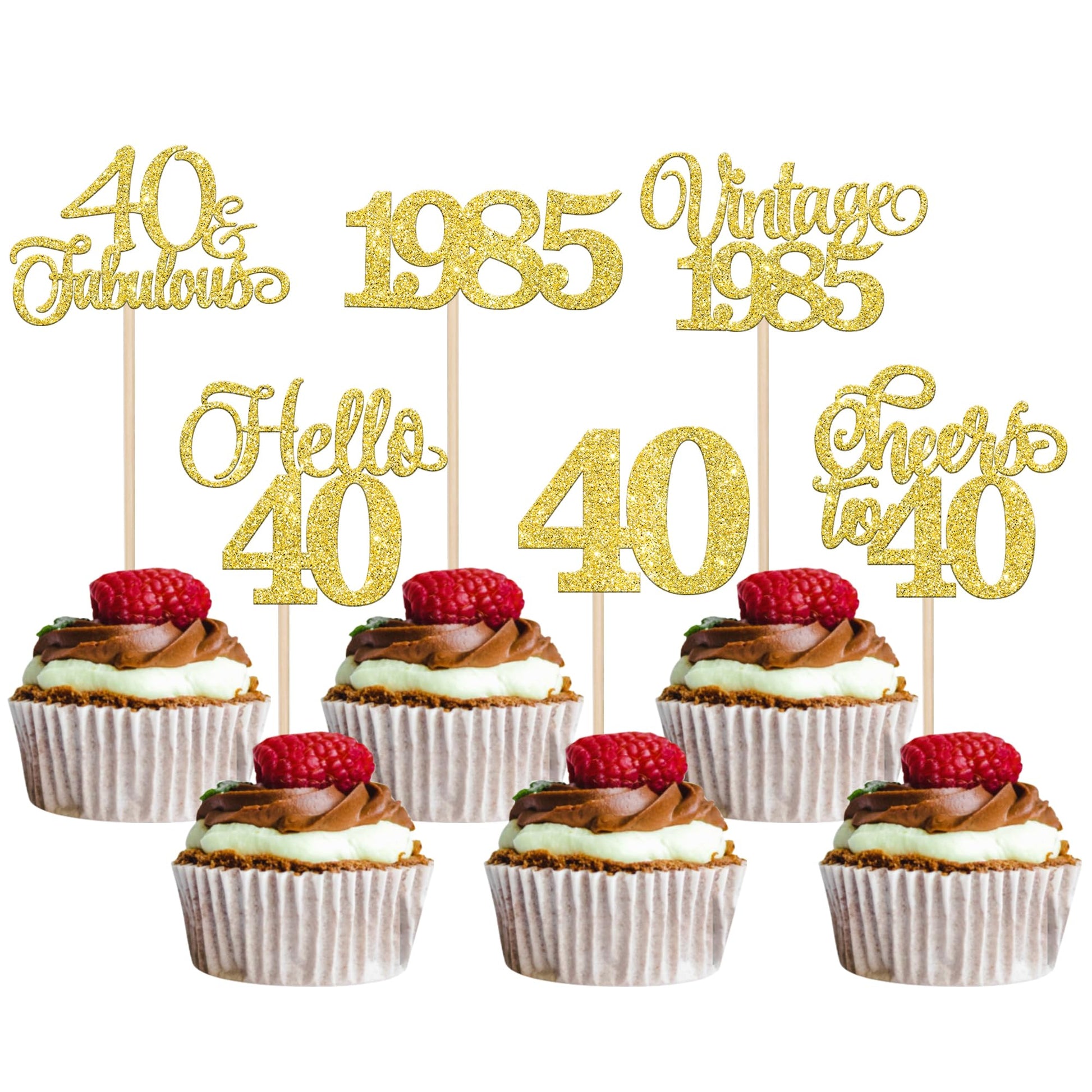 Rsstarxi 24 Pack Cupcake Toppers Gold Glitter 40th Birthday Decorations