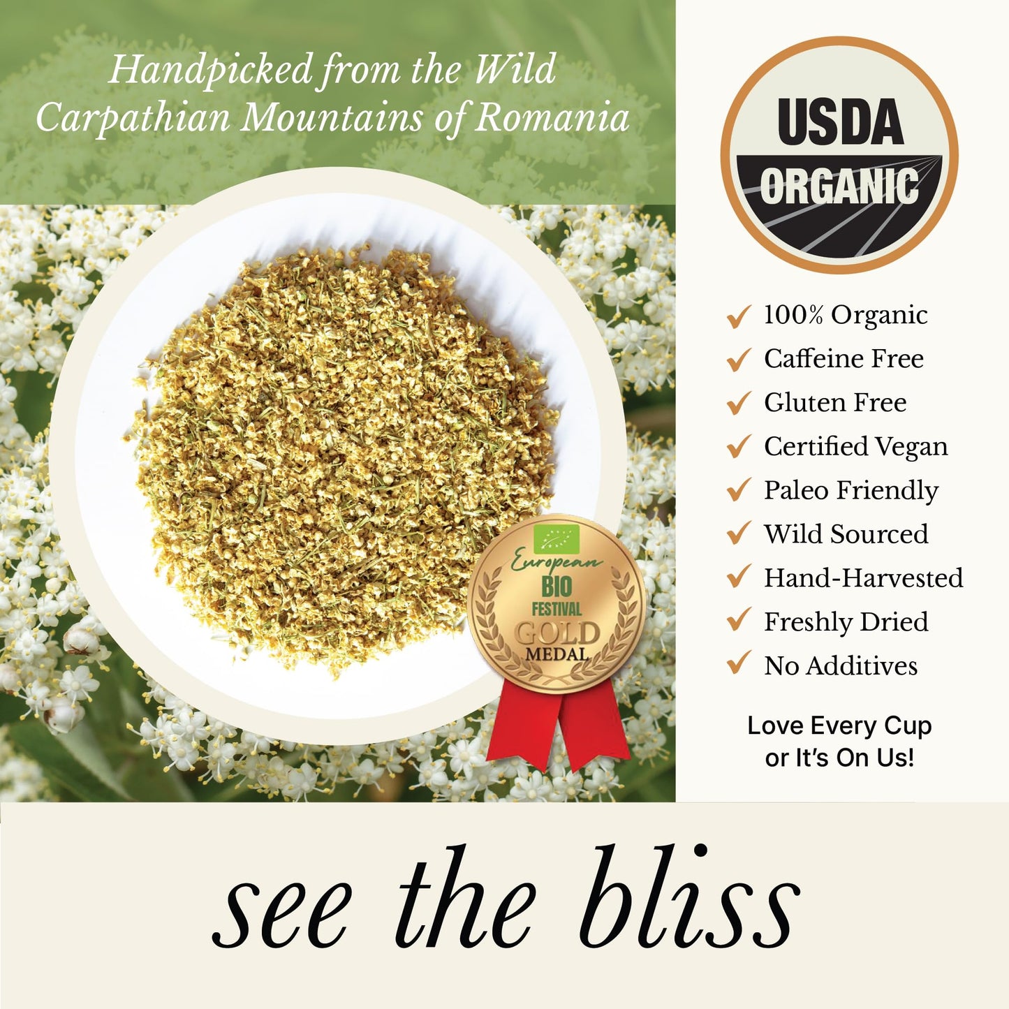 Wild Bliss Organic Elderflower Tea - Caffeine Free Loose Leaf - 60 Servings - 5.29 Ounces
