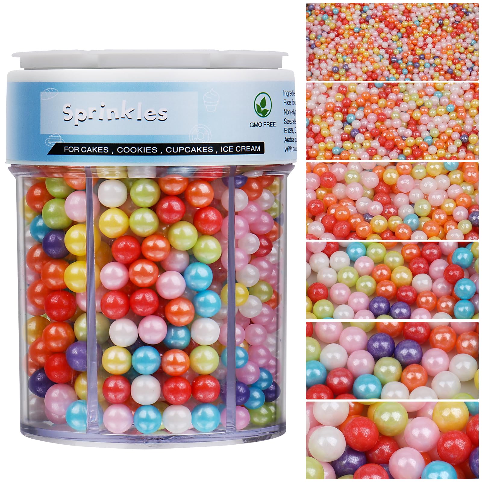 Rainbow Sprinkles for Cake Decorating, 11Oz 6 Sizes Pearl Sprinkles for Cake Cupcake Ice Cream Donuts Cookie Baking Toppings