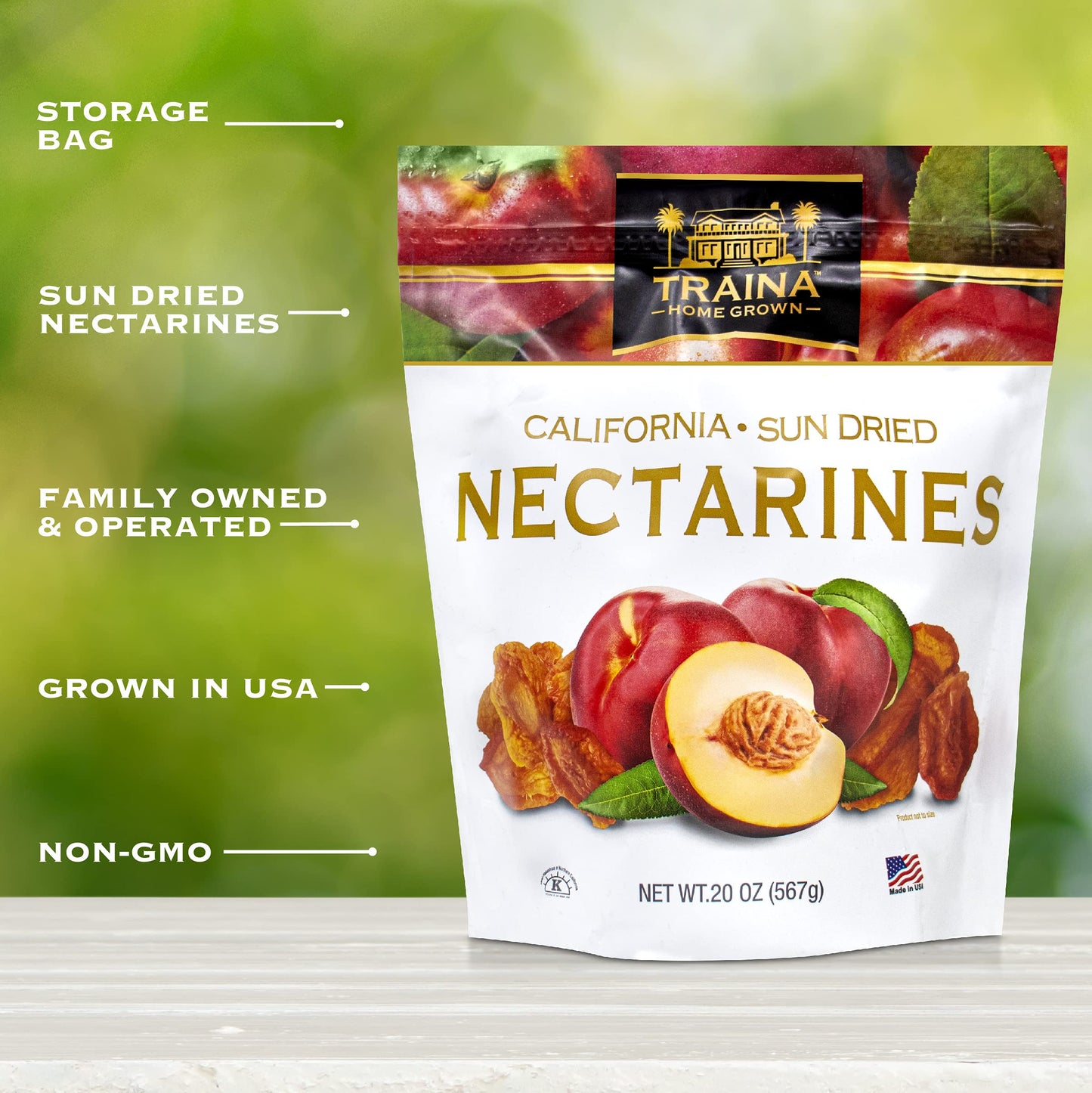 Traina Sun Dried Nectarines - Healthy Non-GMO Snack, 20 Oz Resealable Pouch