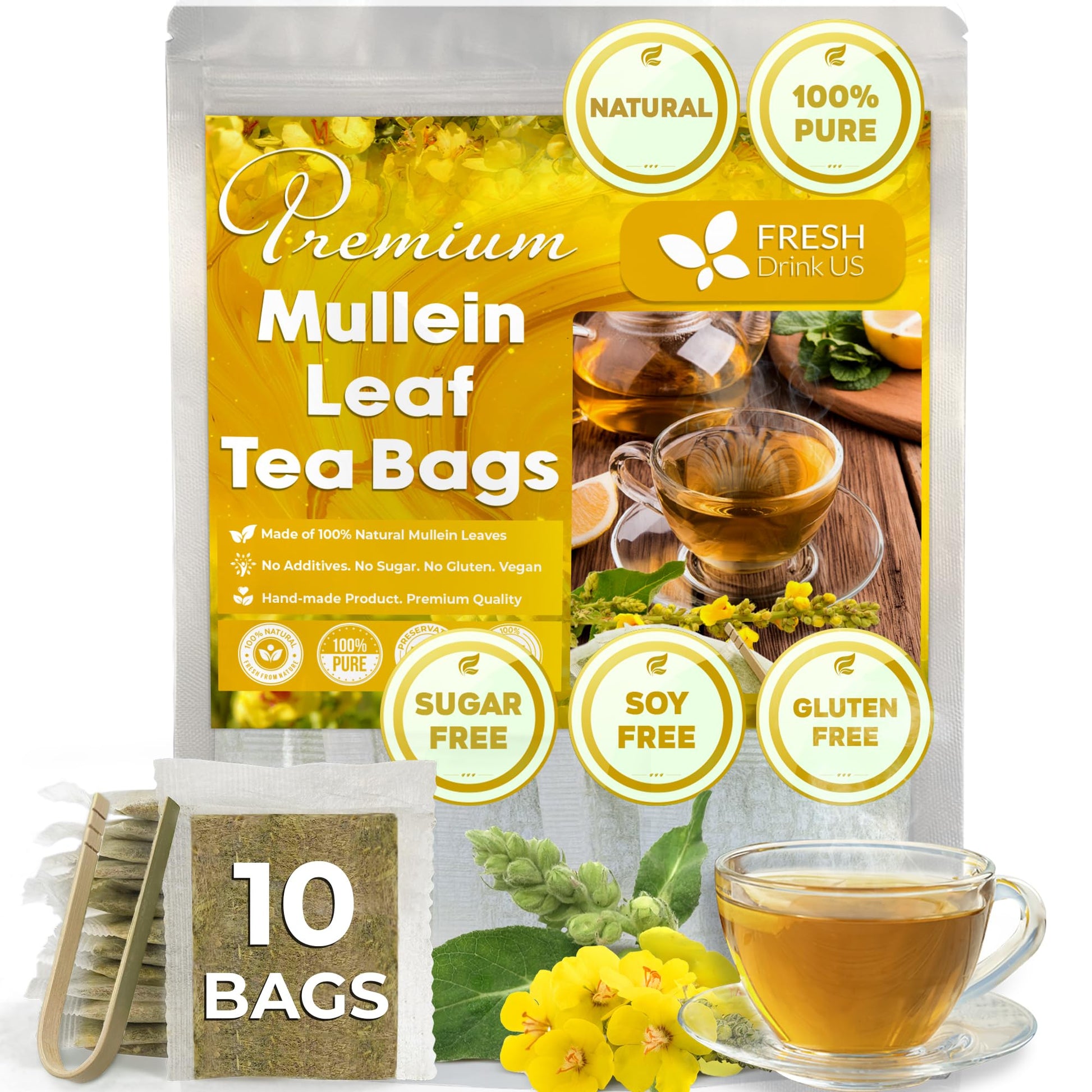 FRESHDRINKUS Mullein Leaf Herbal Tea Bags, 100% Natural, Vegan, 10 Bags