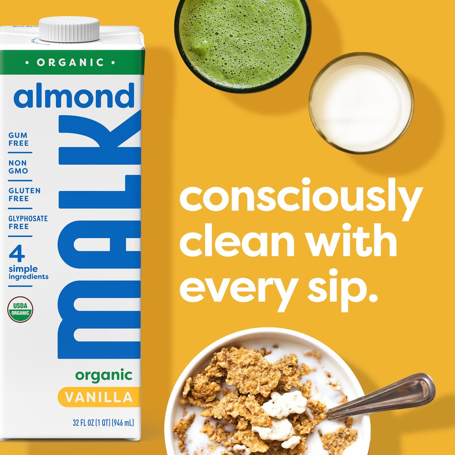MALK Almond Milk Unsweetened Vanilla (32oz  Pack of 6) - Shelf Stable Organic Almond Milk Vanilla  Non GMO  Whole 30  Dairy Free  Vegan  Plant Based  No Gums or Fillers - Lattes Cereal Coffee Creamer