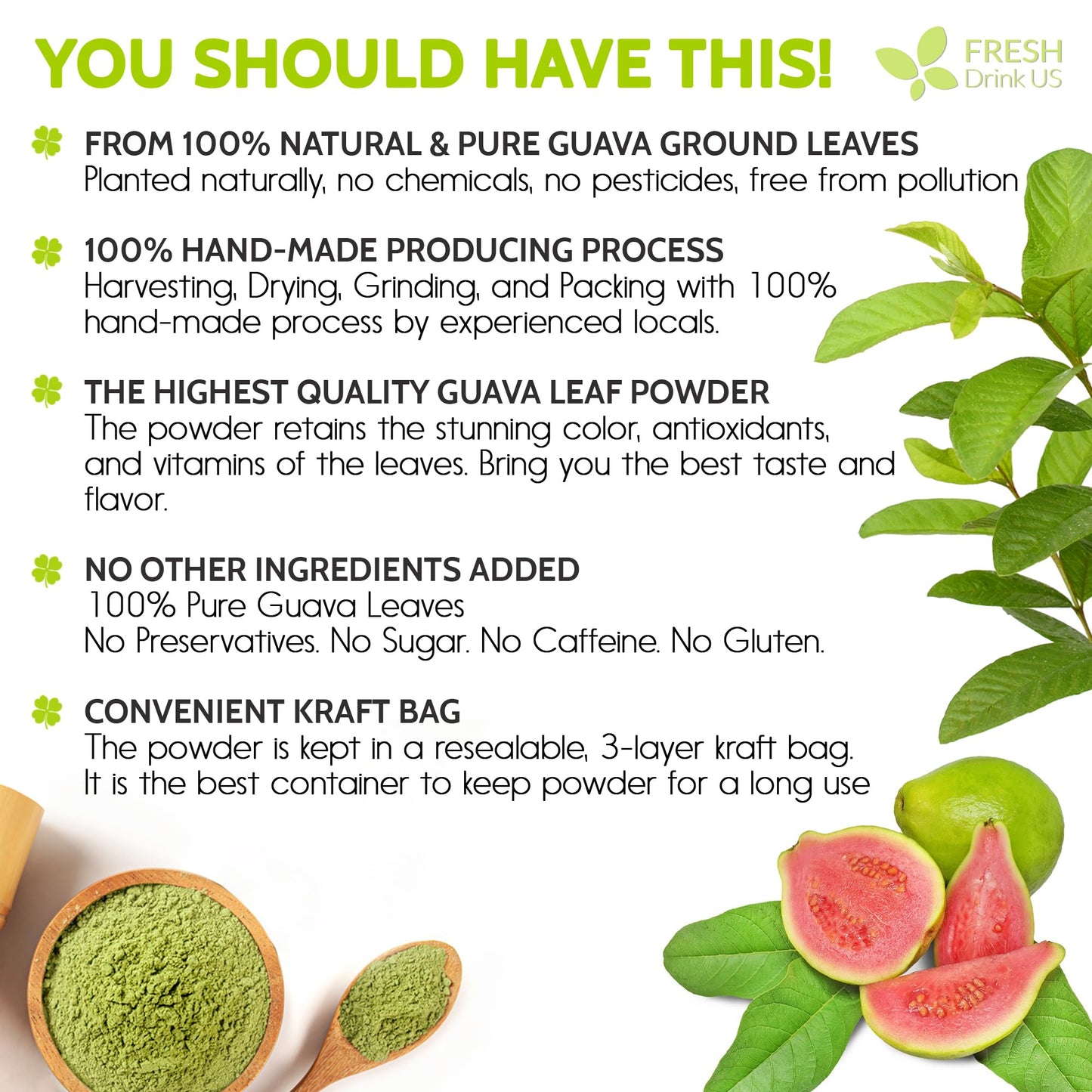 FRESHDRINKUS Guava Leaf Powder | Non-GMO, Gluten-Free, Vegan | 1.1oz
