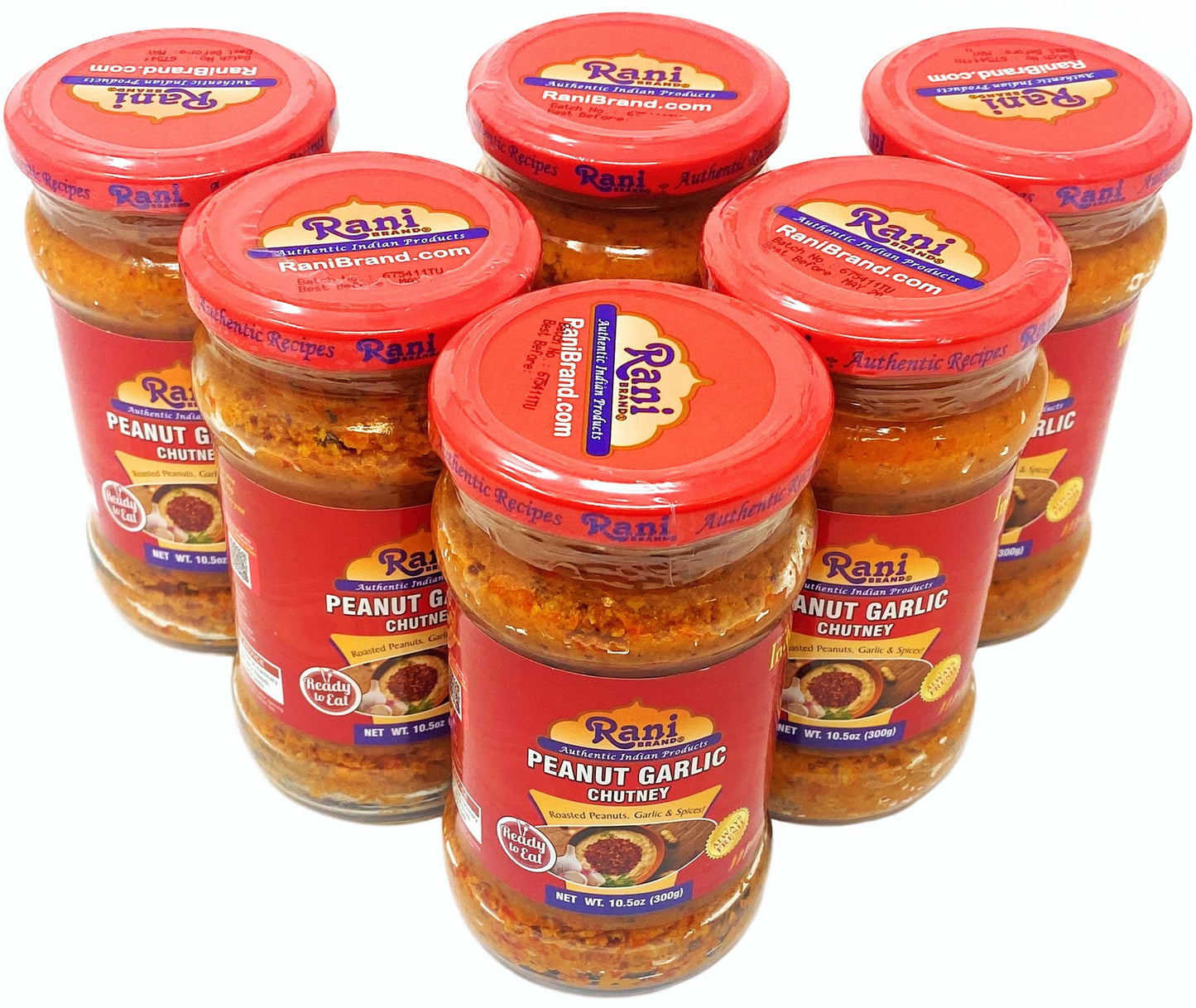 Rani Peanut Garlic Chutney 10.5Oz (300G) Glass Jar, Ready To Eat, Pack Of 5+1 Free ~ Vegan | Gluten Free | Non-Gmo | No Colors |