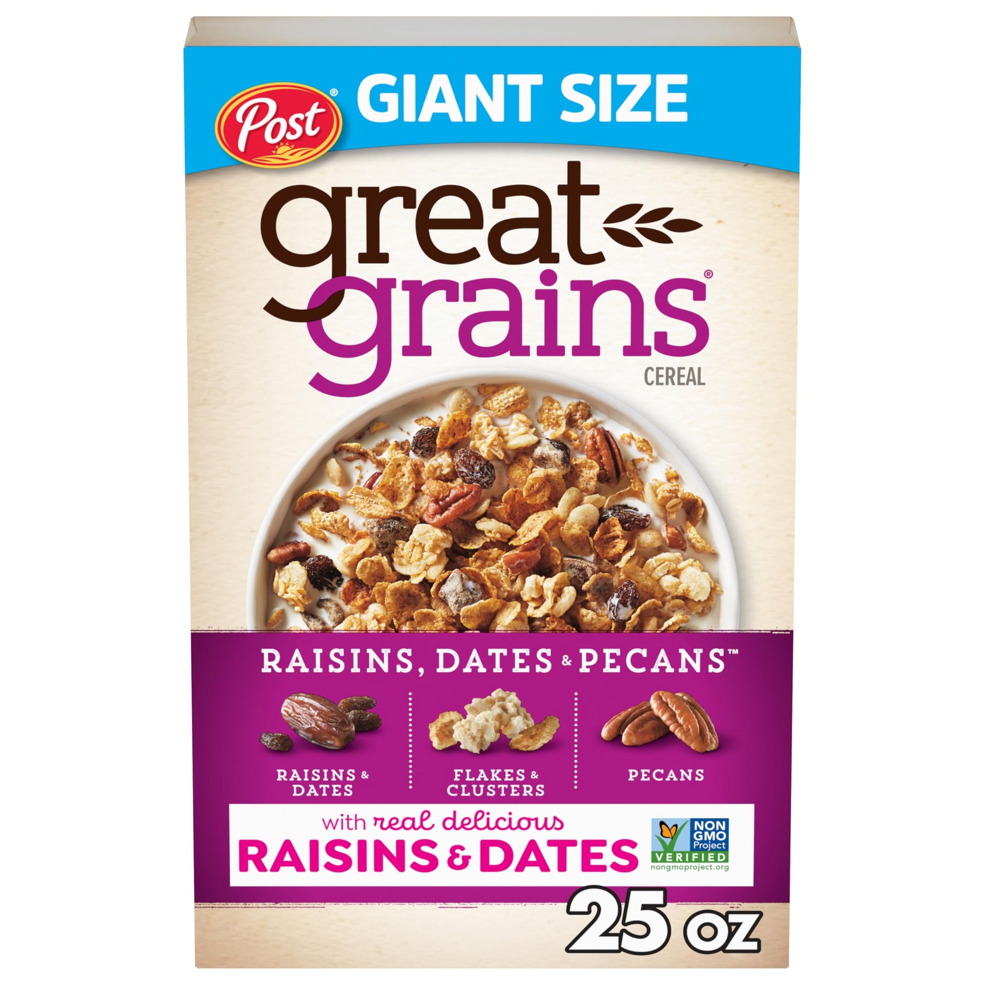 Great Grains Raisins Dates & Pecans Breakfast Cereal  Crunchy Clusters with Sweet Fruit and Whole Grains  Non-GMO  25 oz Box