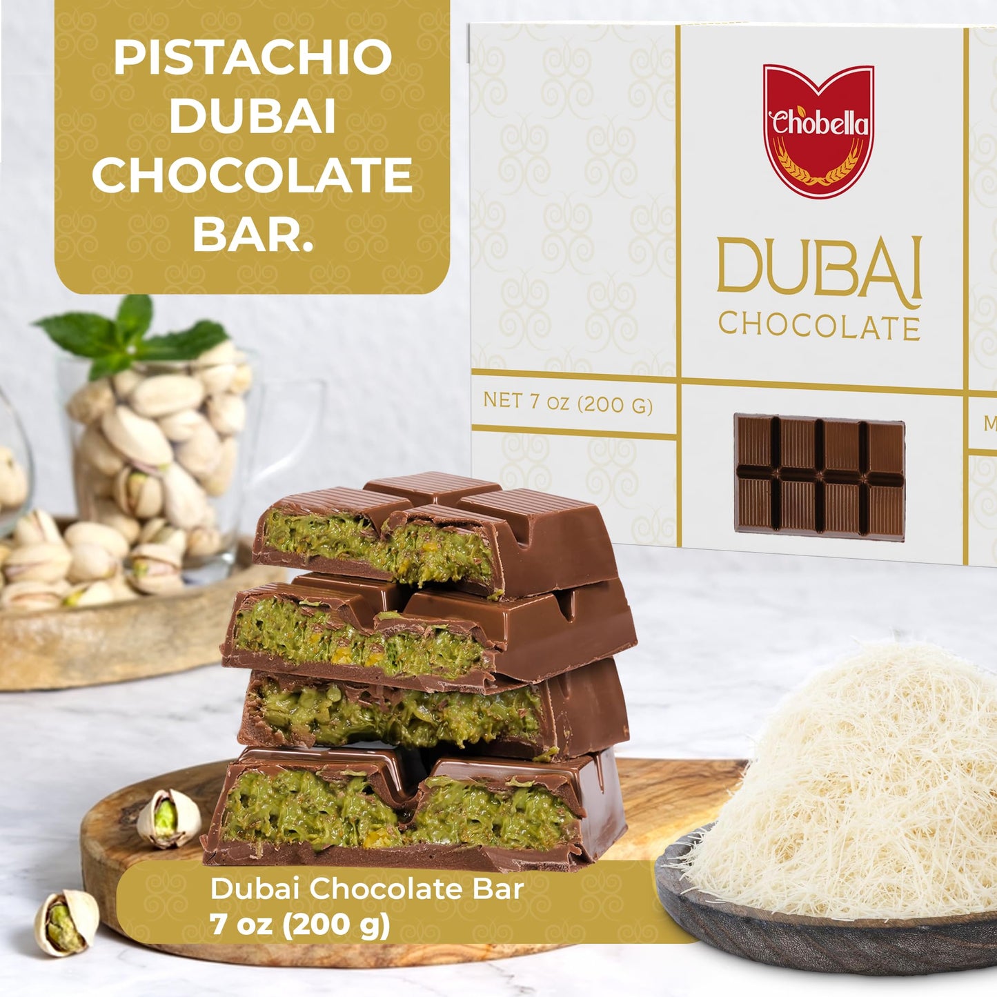 Chobella Dubai Chocolate Bar Pistachio 2 Pack, Enhanced Pistachio Dubai Chocolate Bar With Shredded Phyllo Dough, Viral Knafeh Candy With Kataifi, Gift Box (Total 14 Oz - 400 G)