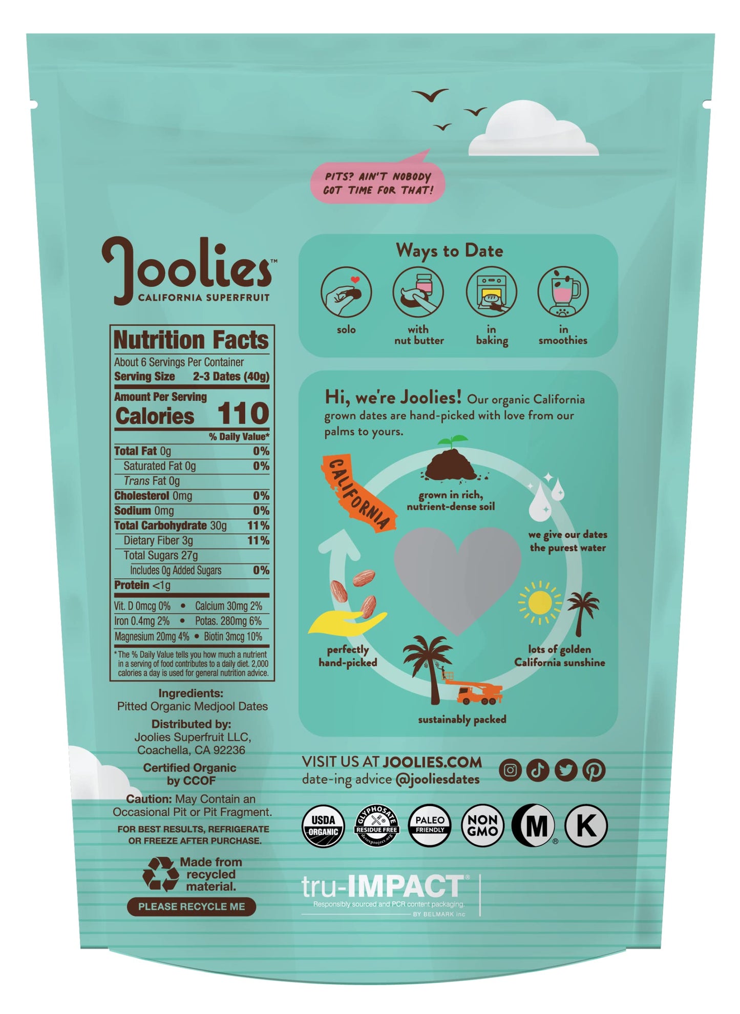 JOOLIES Organic Medjool Dates, Pit-Free, Vegan, Gluten-Free, 18 Ounce Pouch, Pack of 2, Fresh California Grown Fruit