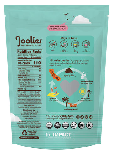 JOOLIES Organic Medjool Dates, Pit-Free, Vegan, Gluten-Free, 18 Ounce Pouch, Pack of 2, Fresh California Grown Fruit