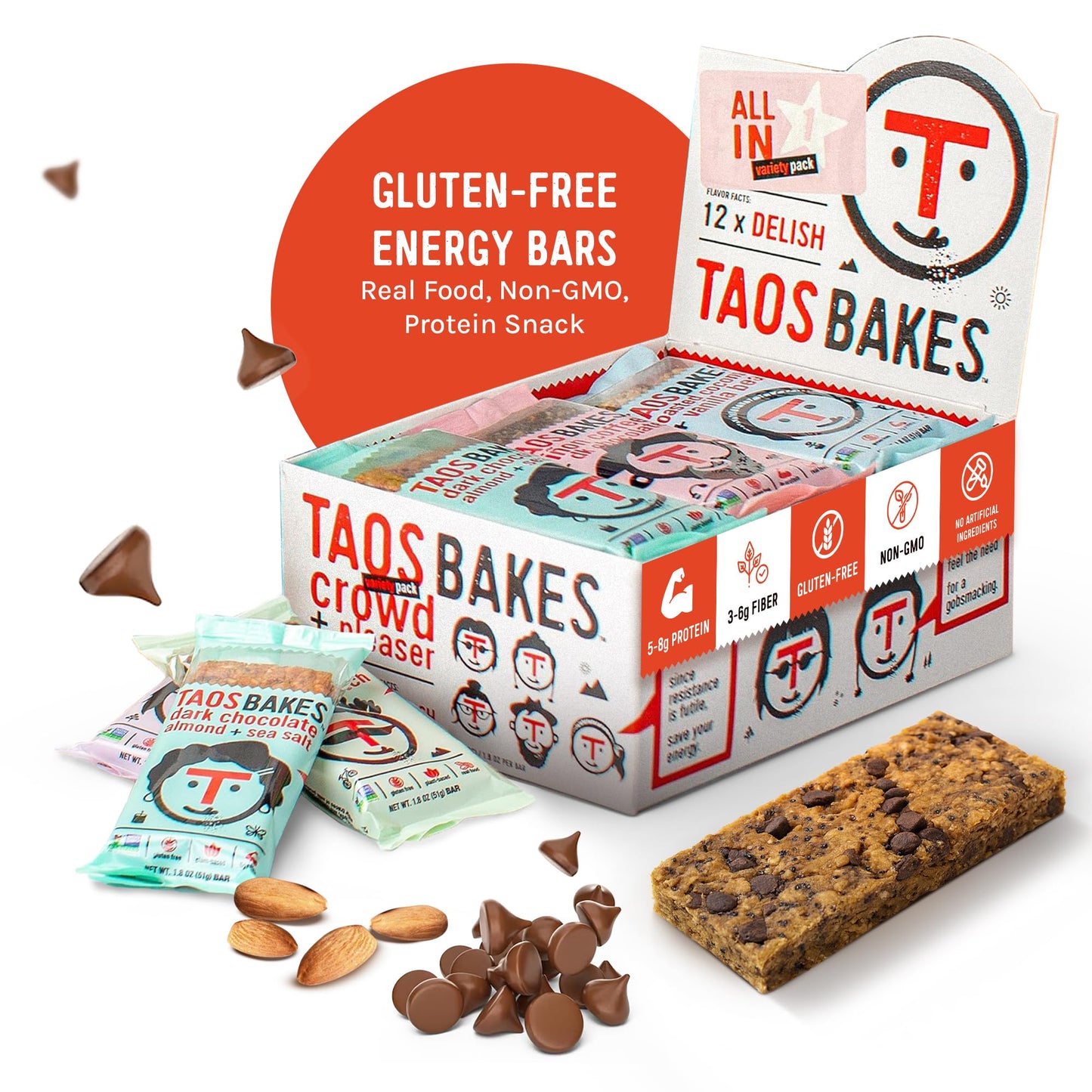 Taos Bakes Breakfast Bars Variety Pack, High Protein & Fiber, Gluten Free, Non-GMO, 12 Pack, 1.8oz Each
