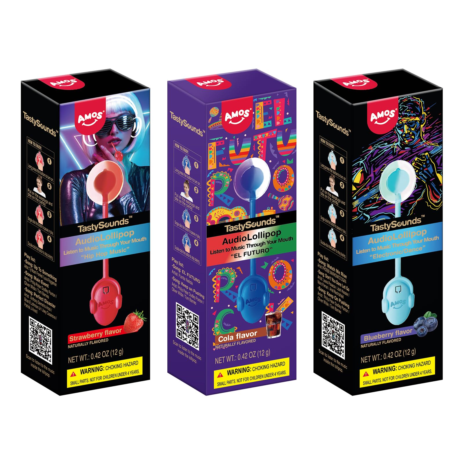 Amos Tasty Sounds Audio Lollipop Candy, Singing Music Lollipop Suckers Sugar Free,Strawberry & Blueberry & Cola Natural Flavor, 