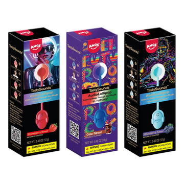 Amos Tasty Sounds Audio Lollipop Candy, Singing Music Lollipop Suckers Sugar Free,Strawberry & Blueberry & Cola Natural Flavor, 