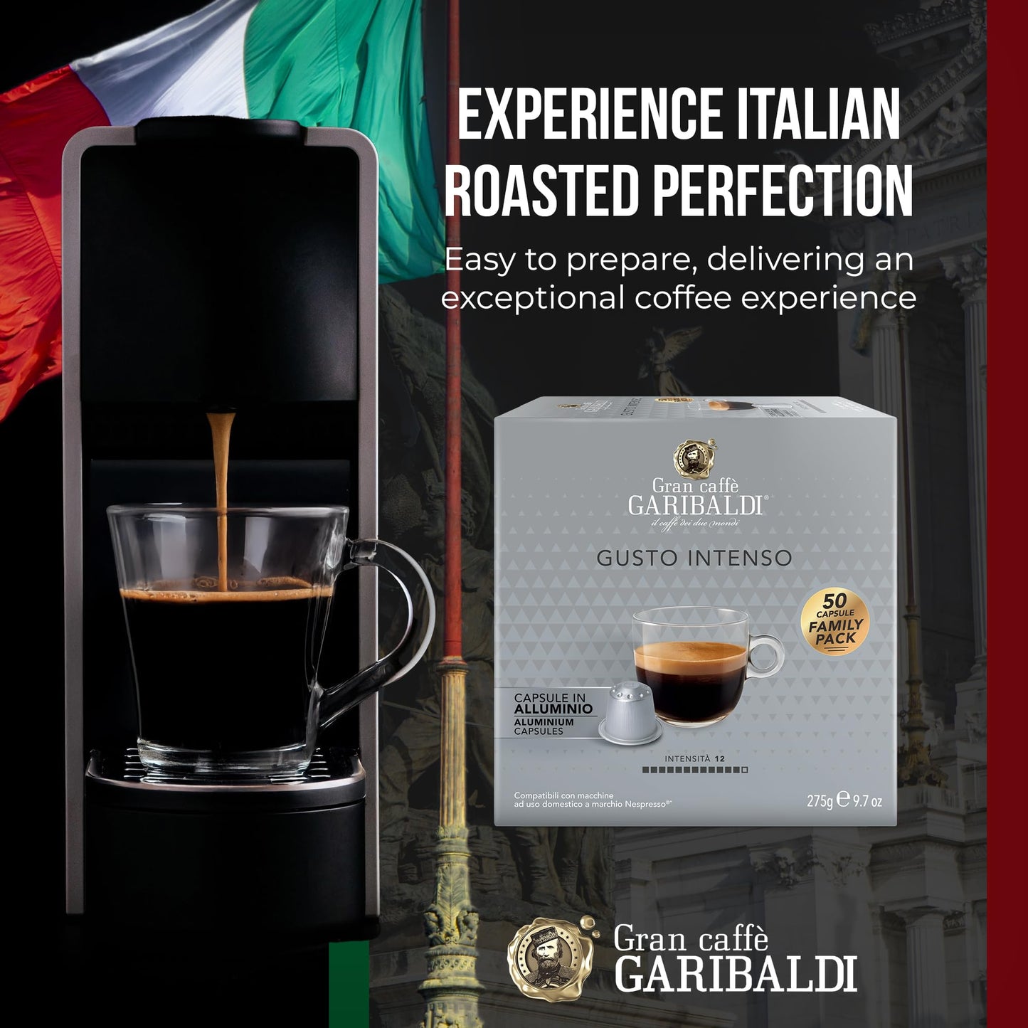 Caffè Garibaldi Espresso Pods, Dark Roast, Strong & Intense, Compatible Nespresso, 200 Cups, Aluminum