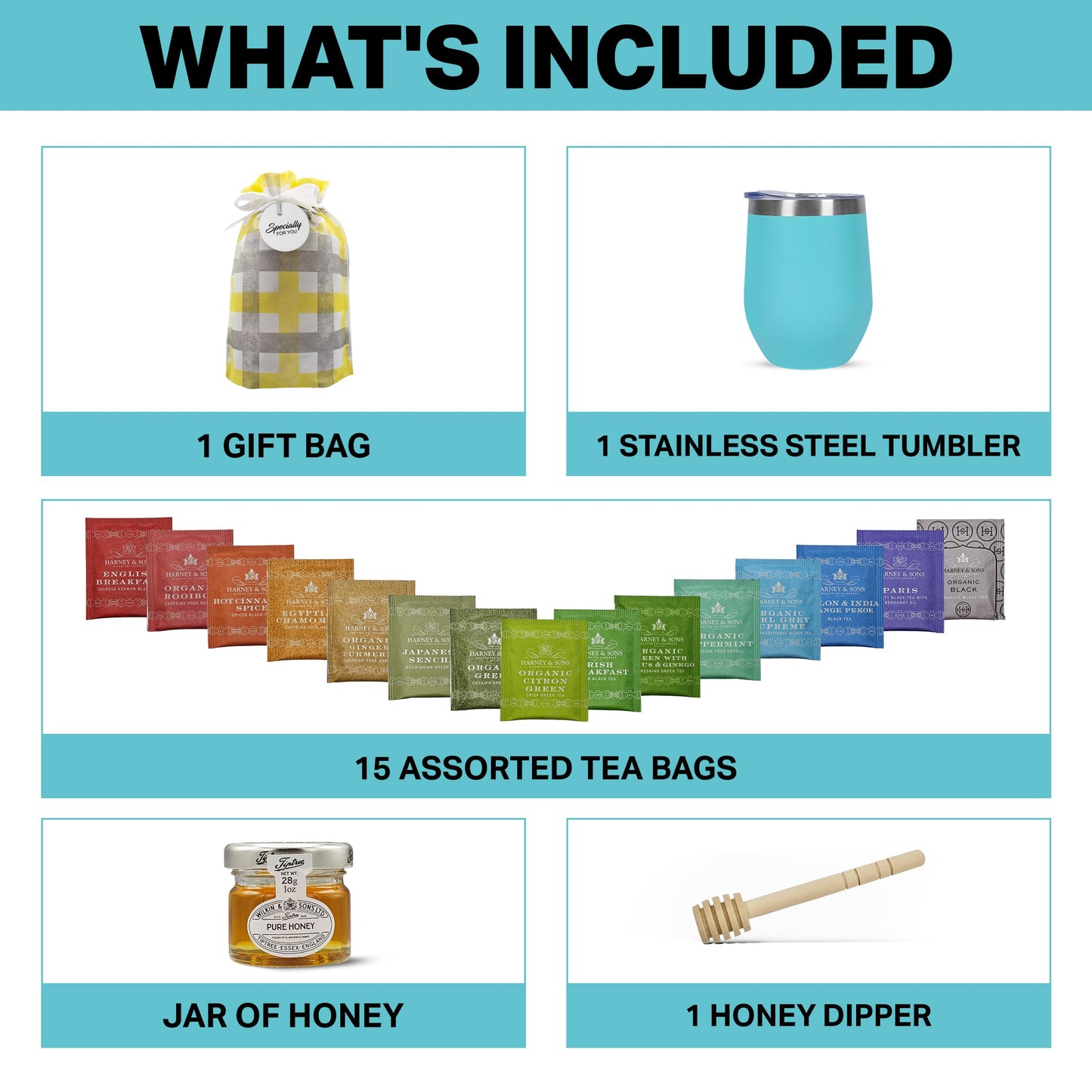 Modern Elegance Tea Gift Set for Mothers Day - Assorted Teas, Elegant Mug & Honey, Teal