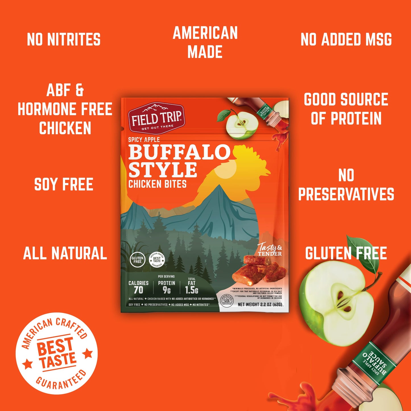 Field Trip Chicken Jerky Bites, All Natural, Gluten Free, Keto & Paleo Snack, 2.2oz (Pack of 4), Spicy Buffalo Style