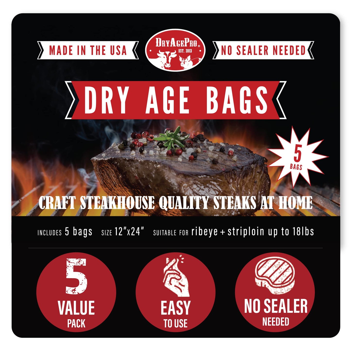 Dryagepro® Dry Age Bags For Meat, 12” X 24” Bags For Ribeye And Striploin Up To 18 Lbs, Pack Of 5, No Vacuum Sealer Needed, Easy-To-Use Steak Aging Kit