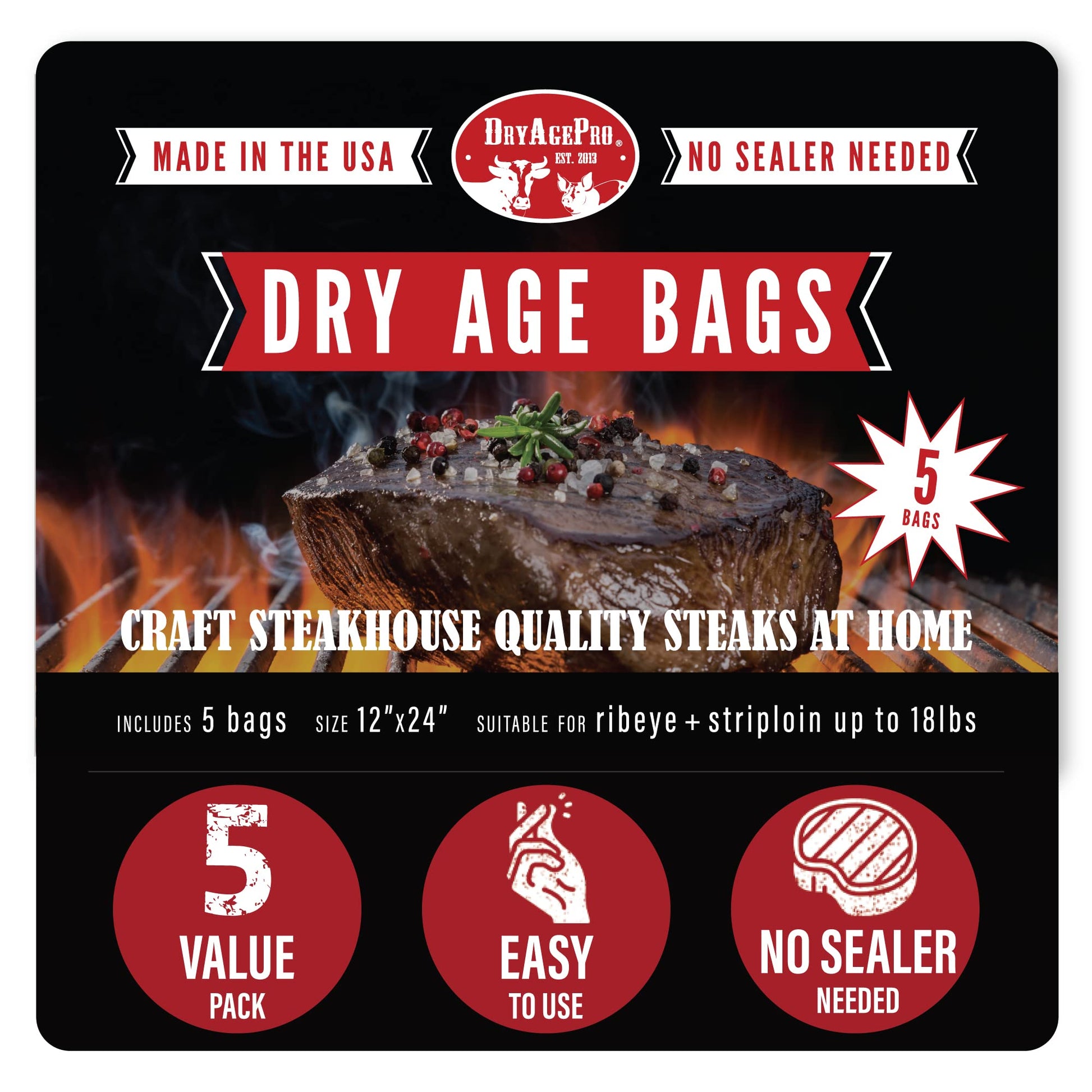 Dryagepro® Dry Age Bags For Meat, 12” X 24” Bags For Ribeye And Striploin Up To 18 Lbs, Pack Of 5, No Vacuum Sealer Needed, Easy-To-Use Steak Aging Kit
