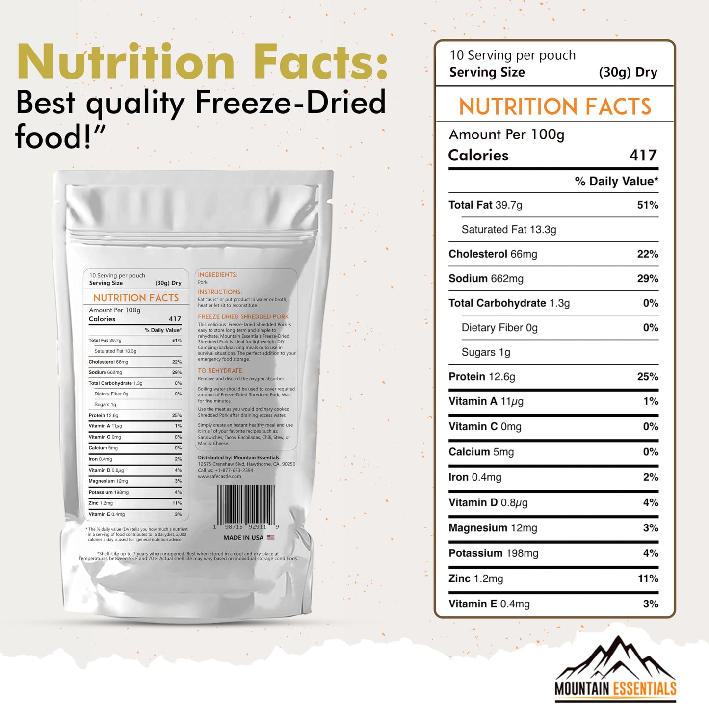 Mountain Essentials Freeze-Dried Shredded Pork – Fully Cooked, Ready-To-Eat Meat | 10 Servings Per Pouch | 7-Year Shelf Life | Ideal For Daily Meals, Camping, Emergency Preparedness & Survival | Made In Usa | Pack Of 1