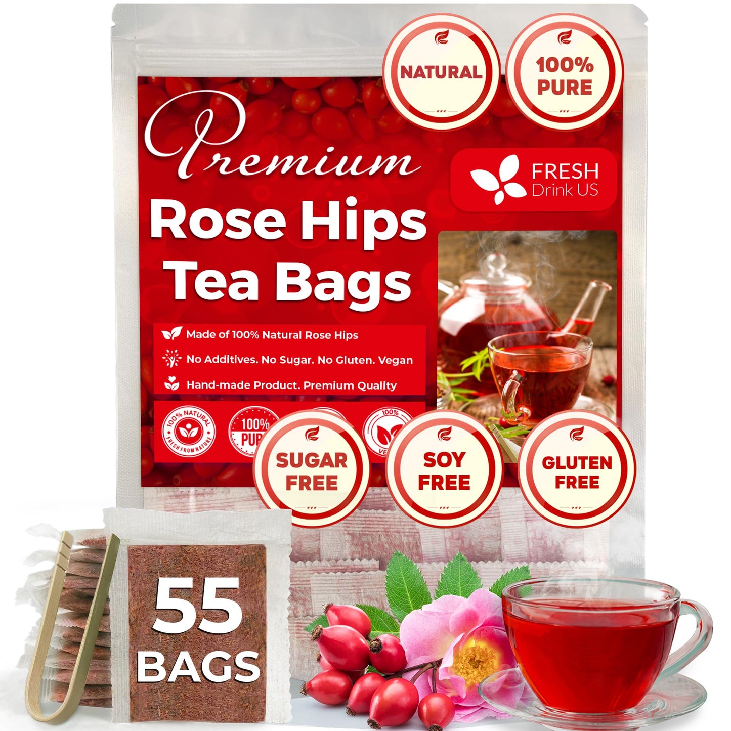FRESHDRINKUS Premium Rosehip Tea Bags, 100% Natural Herbal Tea, 55 Count, Vegan, No Sugar, No Caffeine, Loose Leaf
