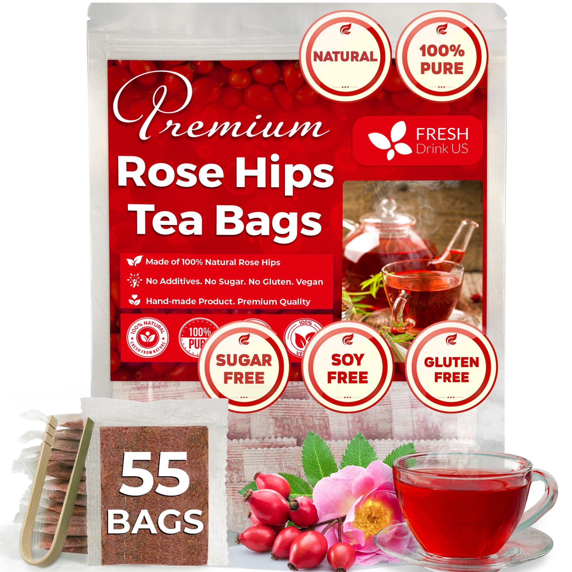 FRESHDRINKUS Premium Rosehip Tea Bags, 100% Natural Herbal Tea, 55 Count, Vegan, No Sugar, No Caffeine, Loose Leaf