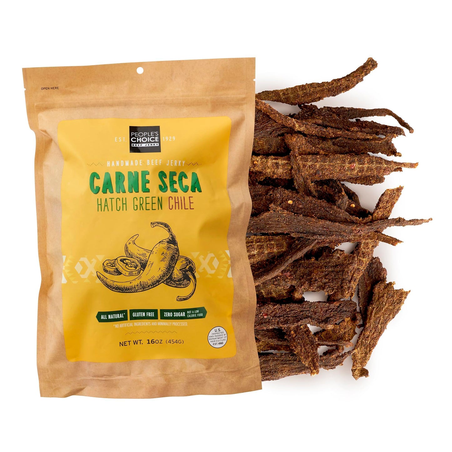 Peoples Choice Beef Jerky - Carne Seca - Hatch Green Chile - 13g Protein - Sugar Free, Zero Carb, Keto Friendly - Dry Texture - 