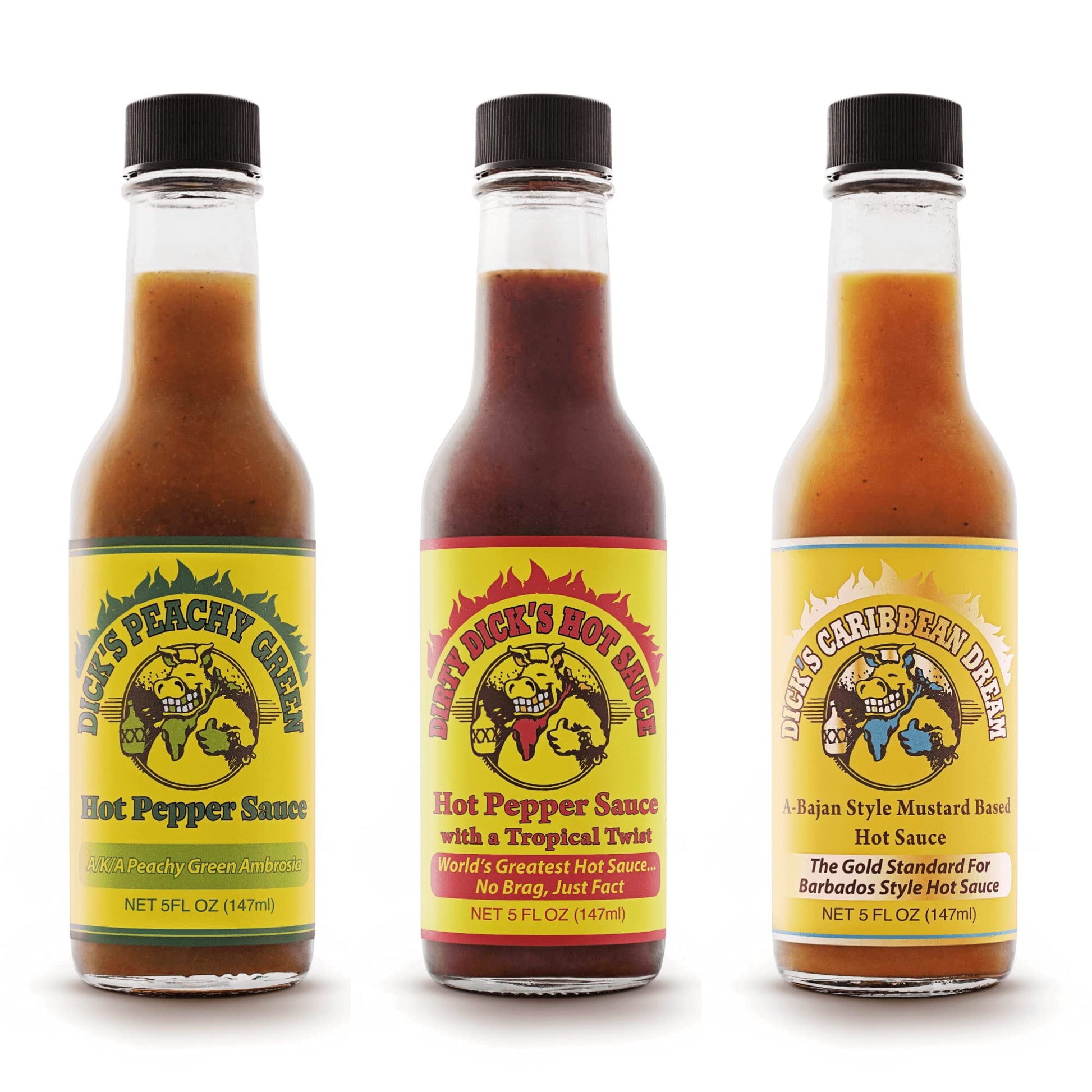 Dirty Dicks Variety Trio: Original, Caribbean, Peachy Green Hot Sauces - 5 Fl Oz, Pack Of 3
