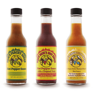 Dirty Dicks Variety Trio: Original, Caribbean, Peachy Green Hot Sauces - 5 Fl Oz, Pack Of 3