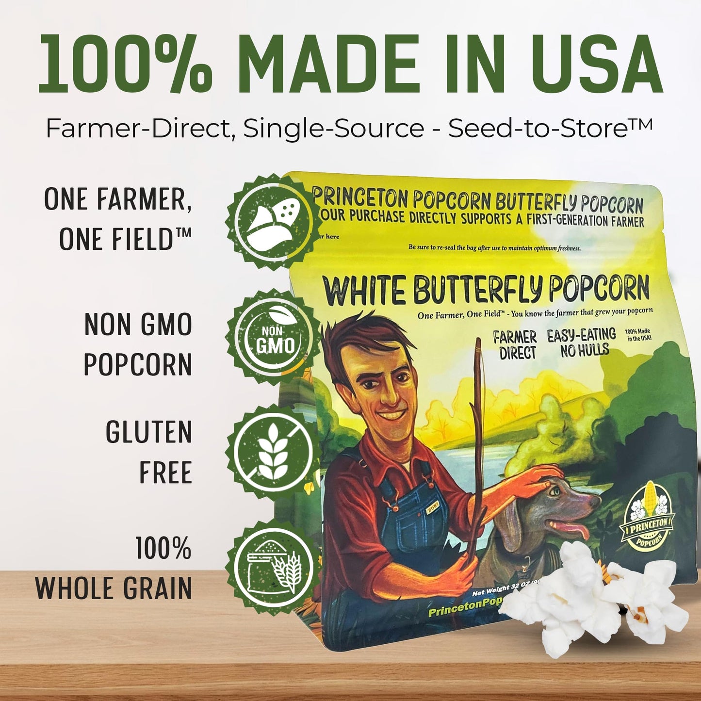 Princeton Popcorn Baby White Popcorn Kernels, Hulless, Gluten Free, 32 Ounce Bag