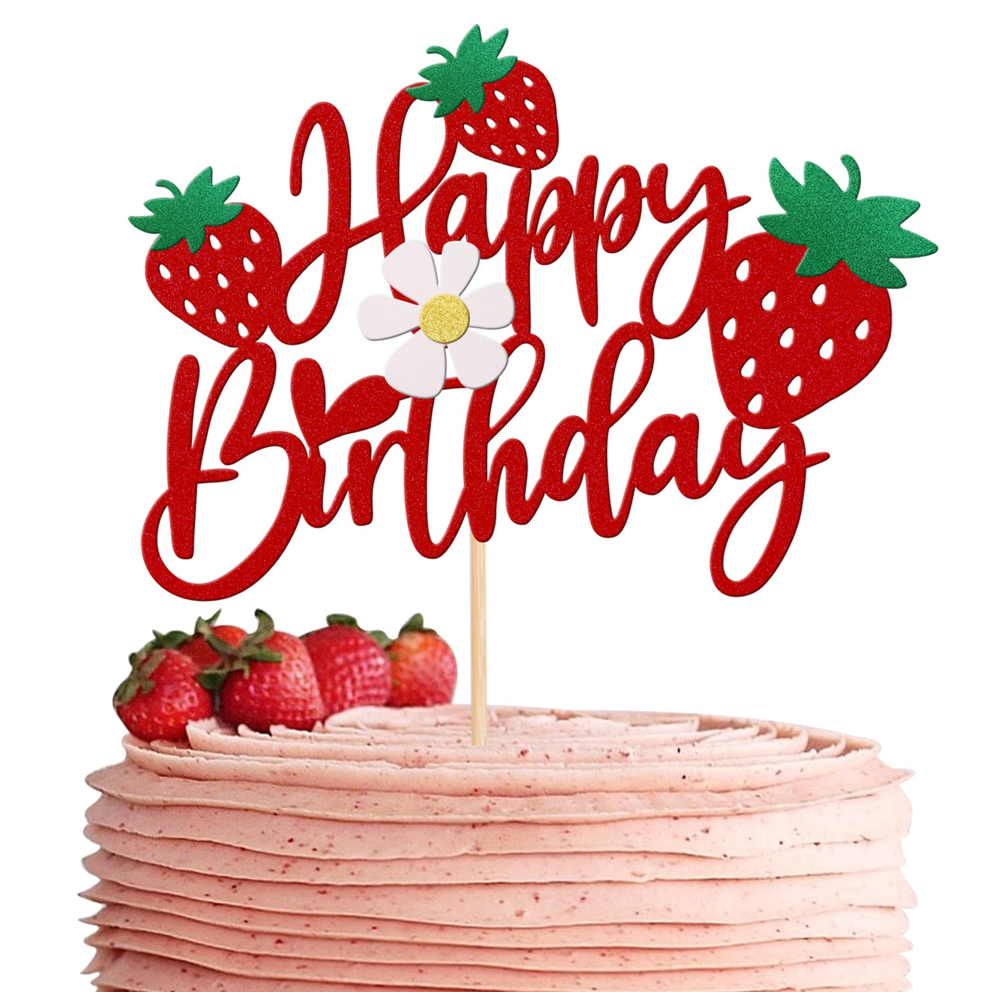 1 Pcs Strawberry Happy Birthday Cake Topper With Glitter Flower Fruit Theme Birthday Berrry Cake Pick Decorations For Strawberry