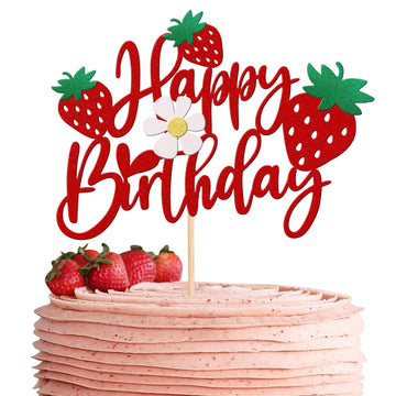 1 Pcs Strawberry Happy Birthday Cake Topper With Glitter Flower Fruit Theme Birthday Berrry Cake Pick Decorations For Strawberry