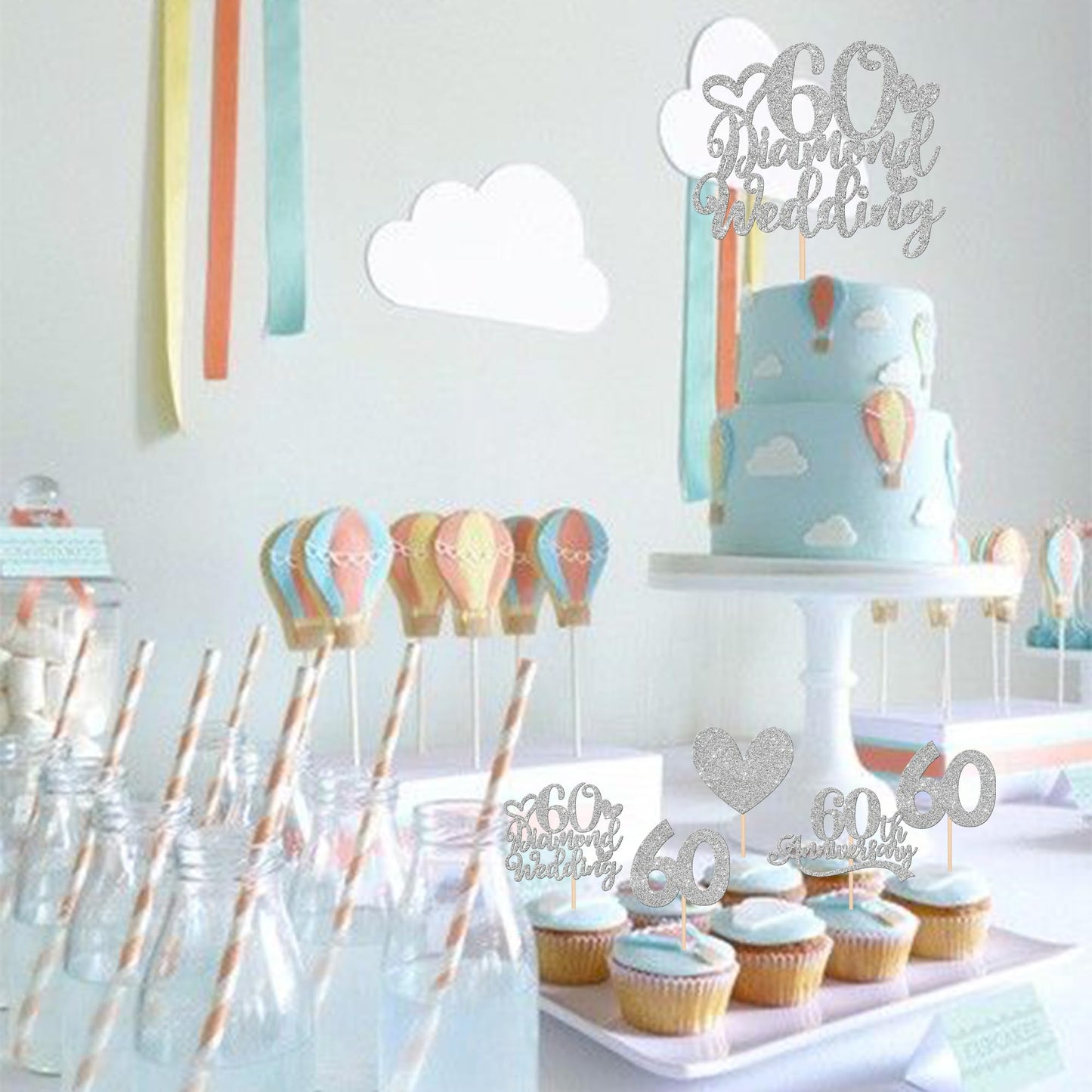 25 Pcs 60Th Anniversary Cupcake Toppers With 60 Diamond Wedding Cake Topper Silver Glitter Heart 60Th Wedding Anniversary Cupcak