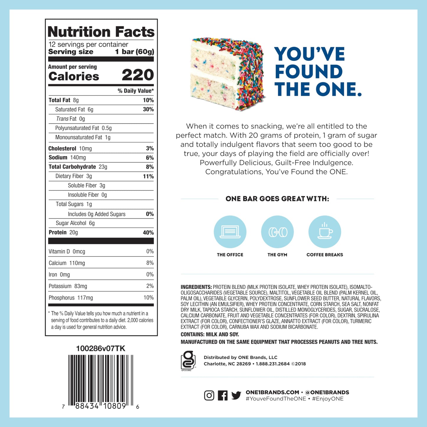 One Protein Bars, Birthday Cake, Gluten Free Protein Bars With 20G Protein And Only 1G Sugar, Guilt-Free Snacking For High Prote