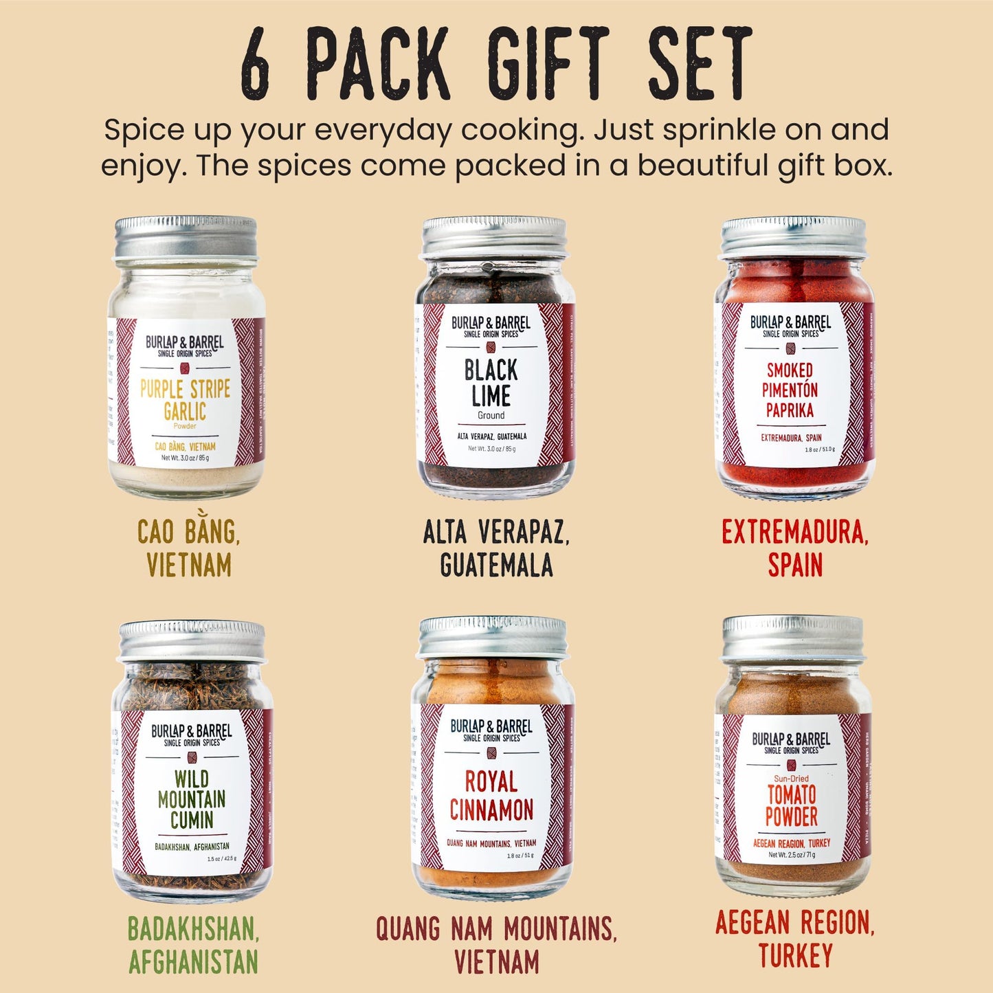 Burlap & Barrel 6-Pack Spice Gift Set - Includes Cinnamon, Garlic & More - 2.27 Ounce Jars - Model S-PL-9761