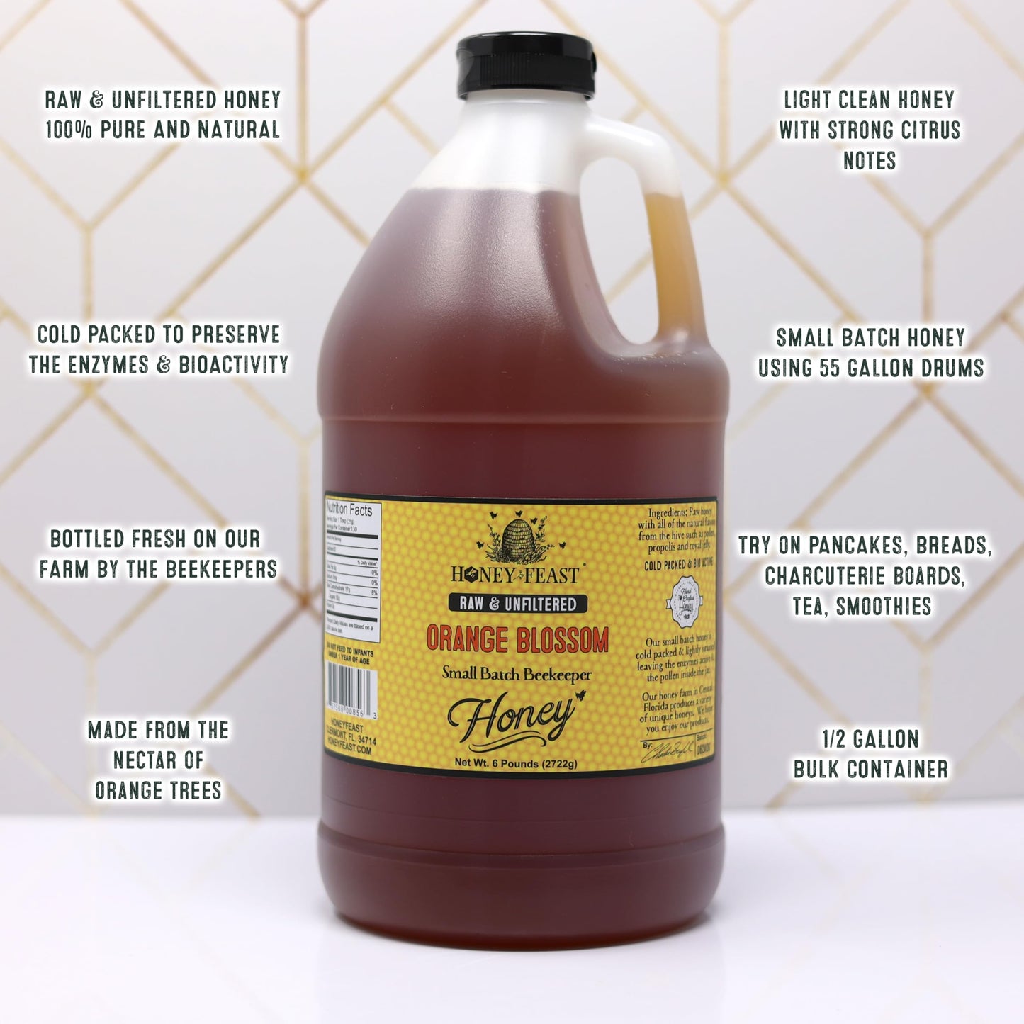 Honey Feast Raw Orange Blossom Honey - All Natural, Unfiltered, Unheated - 6lb (96 Ounce) Bulk Honey