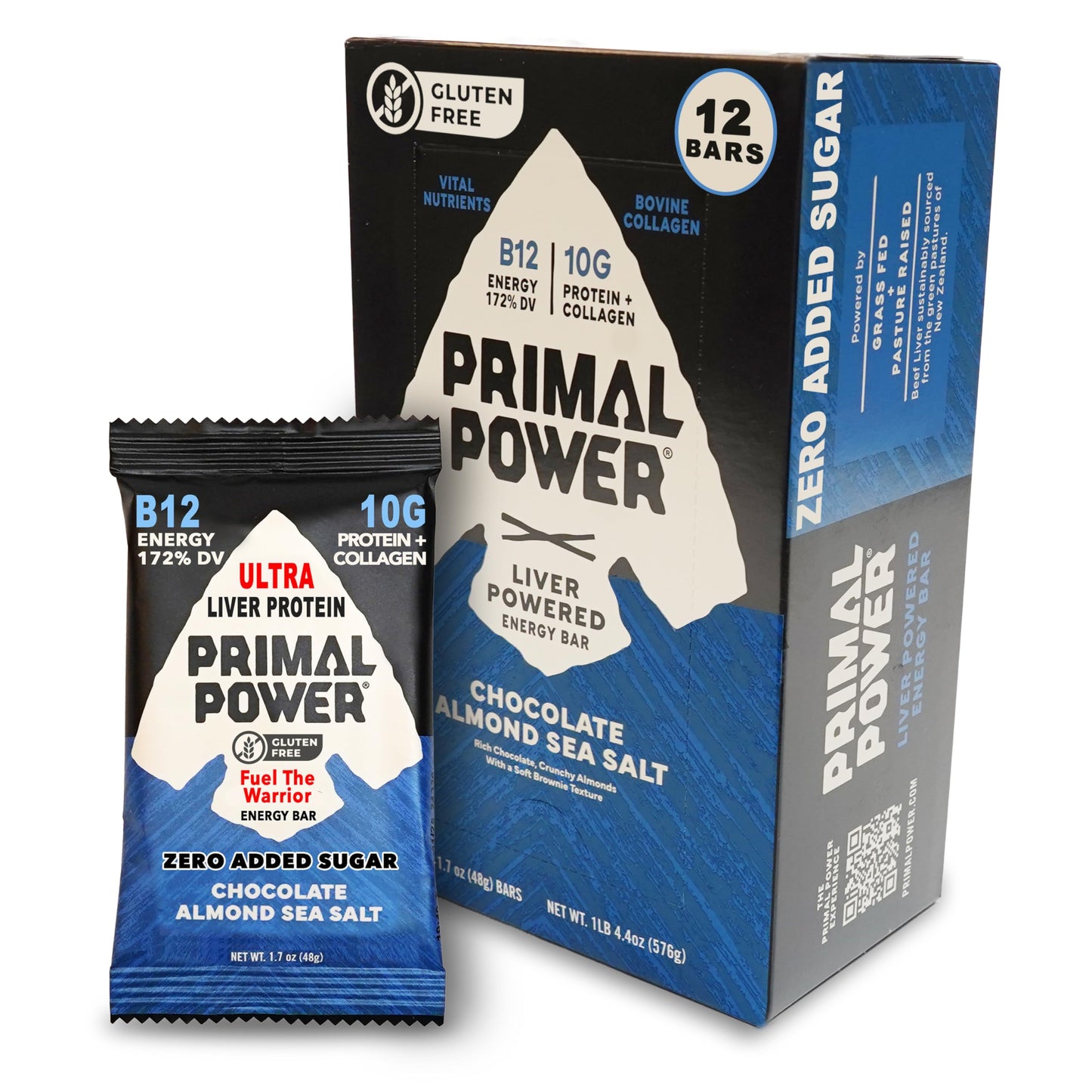Primal Power Liver Powered Nutrition Bars, 10g Protein, B12 Energy Boost, Gluten Free, Chocolate Almond Sea Salt, Pack of 12
